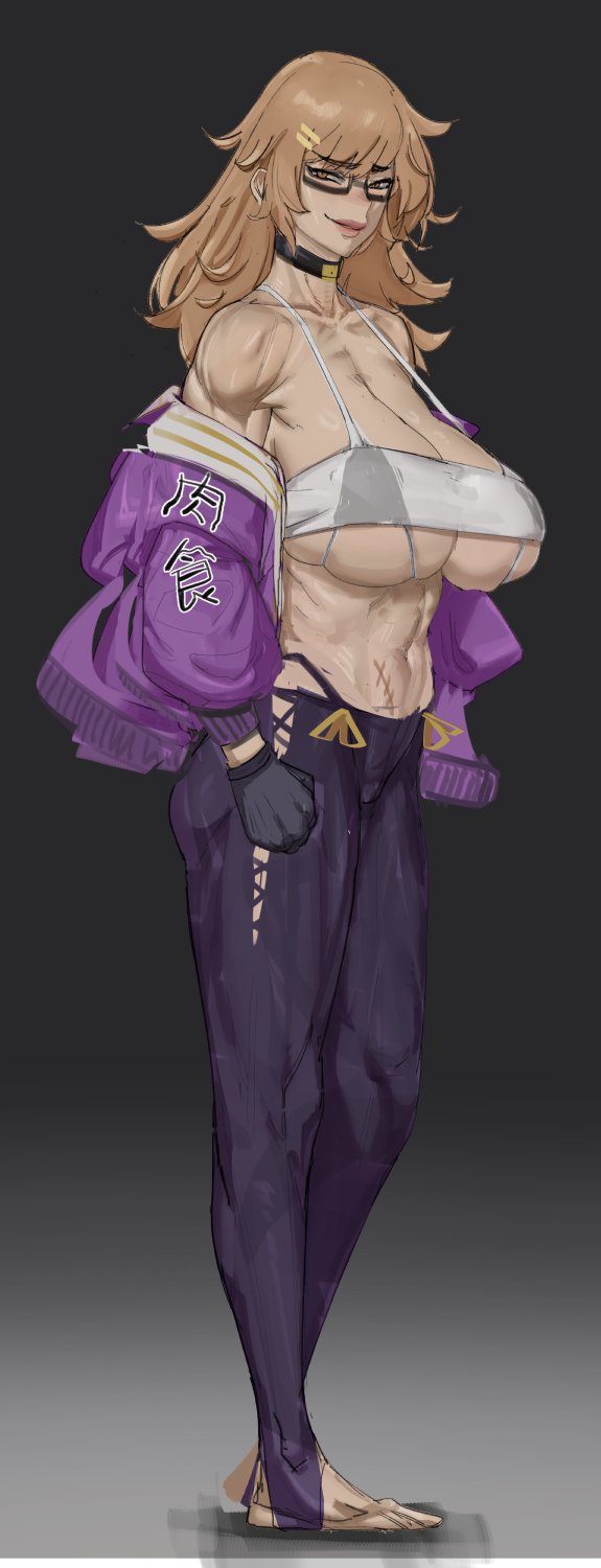 4 orz, abs, bare shoulders, big breasts, blush, bra, breasts, breasts bigger than head, female, grin, huge breasts, looking at viewer, massive breasts, muscular, muscular arms, muscular female, muscular legs, muscular thighs, smile, solo, solo female, solo focus, sportswear