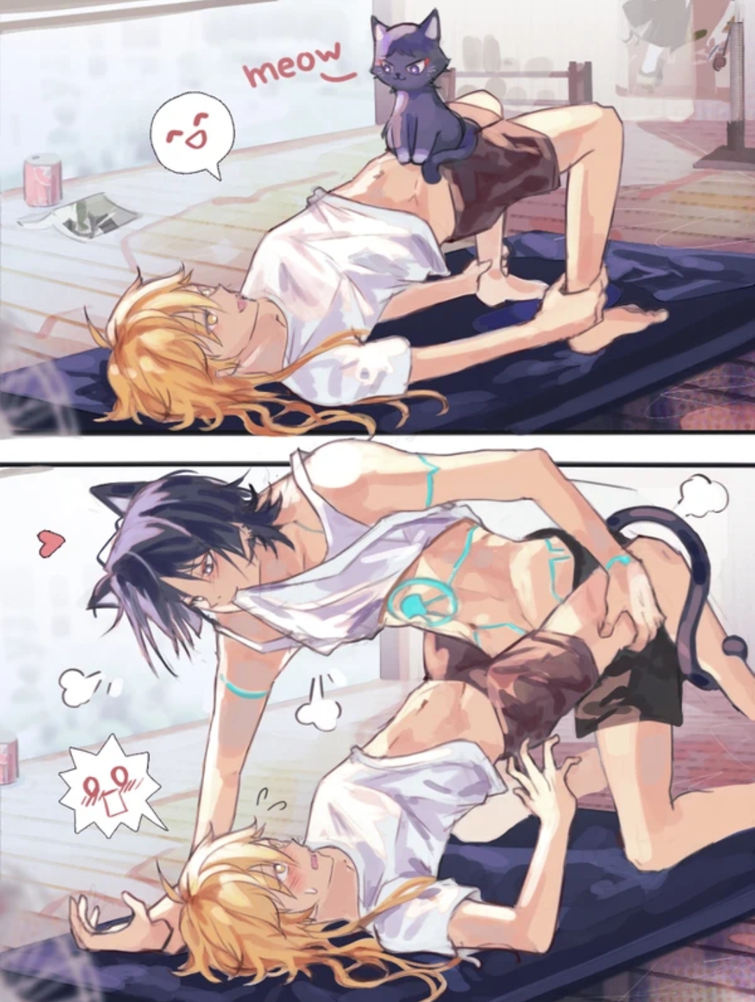 2boys, aether (genshin impact), animal ears, arched back, blush, cat boy, cat ears, catboy, femboy, gay, genshin impact, girly, leg grab, male, male only, open mouth, scaramouche (genshin impact), tagme, top-down bottom-up, yaoi