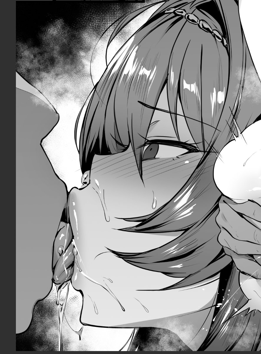 1boy, 1girls, blush, eyebrows visible through hair, female, kissing, male, male/female, monochrome, saliva, saliva drip, saliva trail, sloppy, sloppy kiss, spit, thirty 8ght, tongue, tongue in mouth, tongue kiss, tongue out, tonguejob