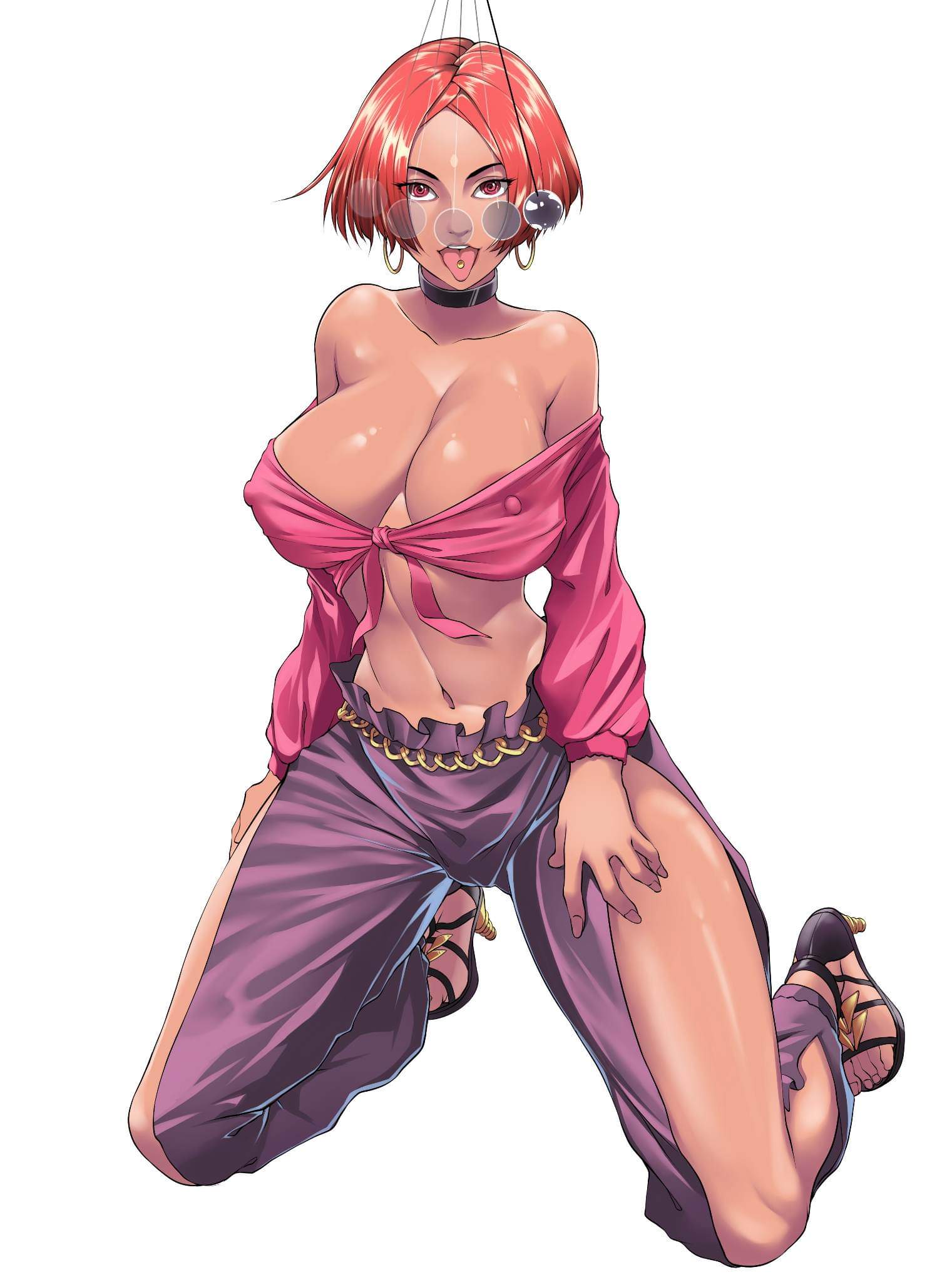 choker dark_skin erect_nipples femsub giovanna_(guilty_gear) guilty_gear guilty_gear_strive high_heels hoop_earrings hypnosis kneeling large_breasts midriff mind_control red_hair richardssext short_hair spiral_eyes tongue_out tongue_piercing