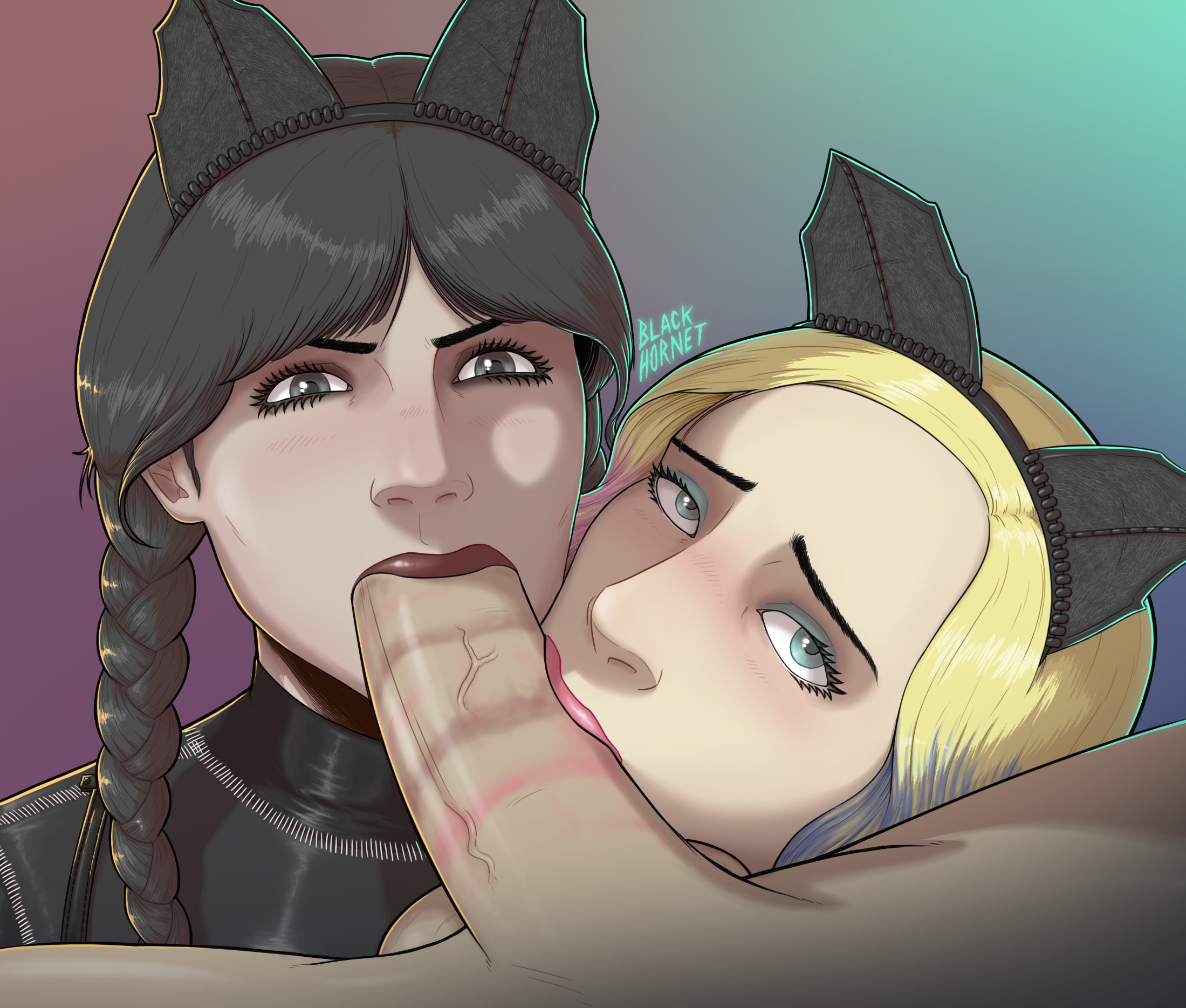 2girls, absurd res, black hair, blackhornet, blonde hair, blowjob, blue eyes, cat ears, catsuit, clothed, clothed female, clothed female nude male, clothing, collaborative fellatio, colored hair, double fellatio, eye contact, eyelashes, fellatio, female, female focus, ffm threesome, leather clothing, lipstick, lipstick mark, lipstick on penis, male, multiple females, multiple girls, partial male, penis, rainbow party, skinfluting, slobber on penis, sloppy, sloppy blowjob, tagme, teamwork, the addams family, threesome, unseen male face, wednesday addams