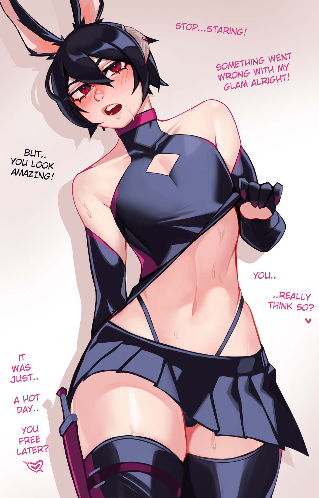 blush, bunny boy, bunny ears, crossdressing, femboy, male, qt0ri, revealing clothes, skirt, thong, thong above skirt, thong straps, yonu (qtori)