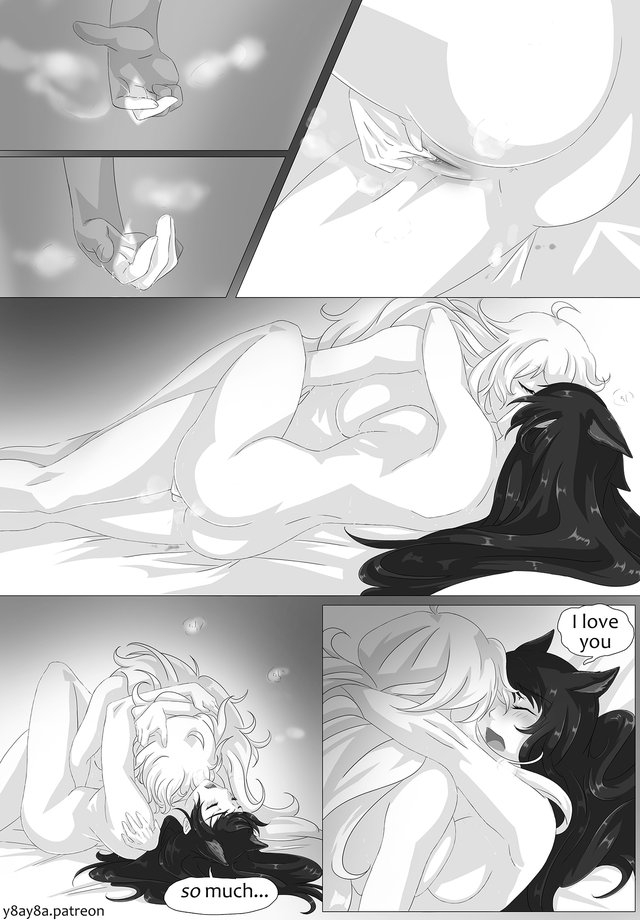 blake belladonna, breast press, breasts, canon couple, completely nude, confession, faunus, female, fingering partner, fingering pussy, love confession, non-web source, nude, pussy, romantic, romantic couple, rwby, y8ay8a, yang xiao long, yaya (y8ay8a), yuri