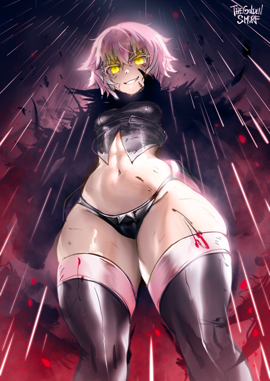 black_panties black_thighhighs blood curvy facial_scar fate/apocrypha fate/grand_order fate_(series) female from_below glowing glowing_eyes highres jack_the_ripper_(fate/apocrypha) looking_at_viewer lowleg lowleg_panties midriff navel panties scar scar_across_eye scar_on_cheek scar_on_face shiny_skin short_hair smile solo standing thegoldensmurf thick_thighs thighhighs thighs thong underwear white_hair wide_hips yellow_eyes