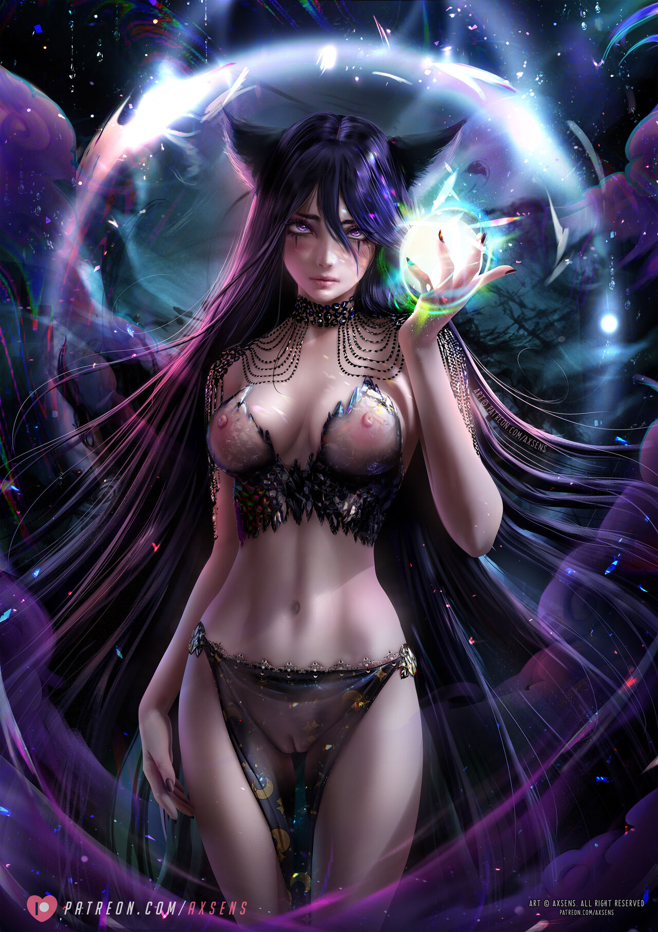 ahri, axsens, belly, belly button, black hair, blouse, breasts, detailed background, emotionless, female, fox ears, functionally nude, highres, jewelry, league of legends, loincloth, long hair, nipples visible through clothing, purple eyes, pussy, pussy visible through clothes, slender waist, transparent clothing, visible nipples, visible pussy