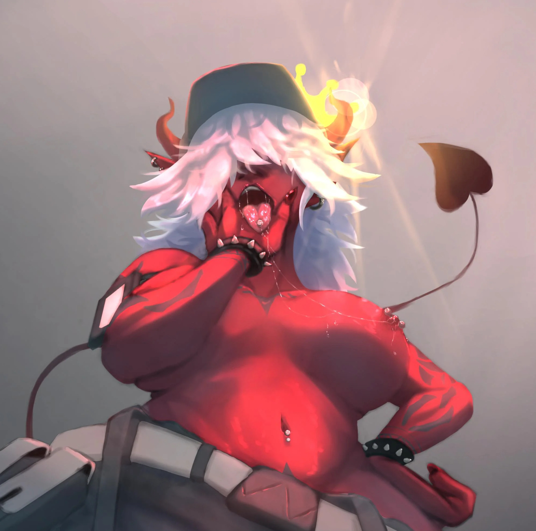 1girls, ahe gao, big breasts, breast piercing, breasts, breasts out, demon, demon girl, demon horns, desdemona (fortnite), epic games, female, female only, fortnite, fortnite: battle royale, hair over eyes, horn, horns, horny, looking at viewer, no bra, piercing, red body, red skin, saliva, soft breasts, solo, spit, spitting, tail, tattoo, tattoos, tongue, tongue out, white background, white hair