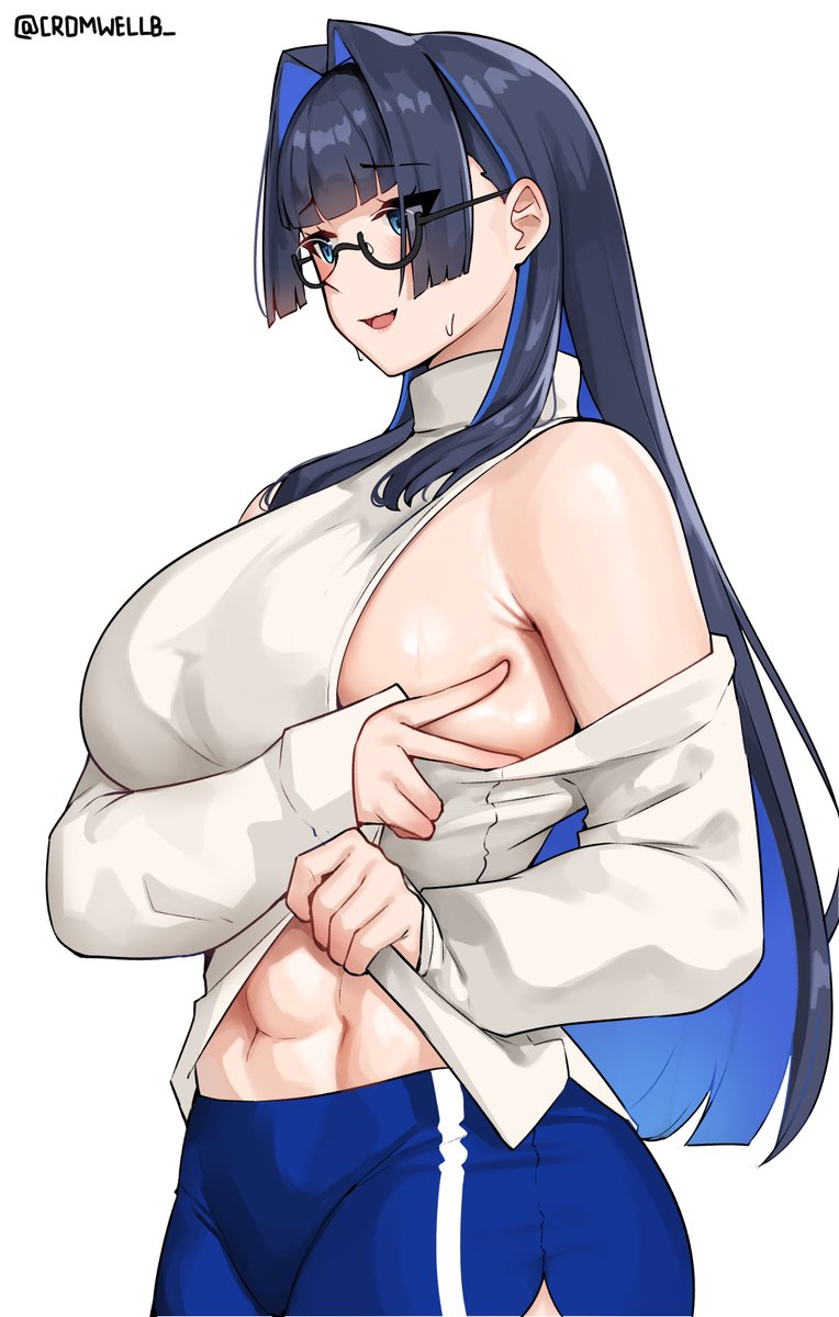 abs, armpit fetish, armpits, breasts, cromwellb, female, glasses, hololive, hololive english, hololive english -council-, hololive english -promise-, huge breasts, long hair, looking away, ouro kronii, shirt lift, sideboob, sweat, virtual youtuber