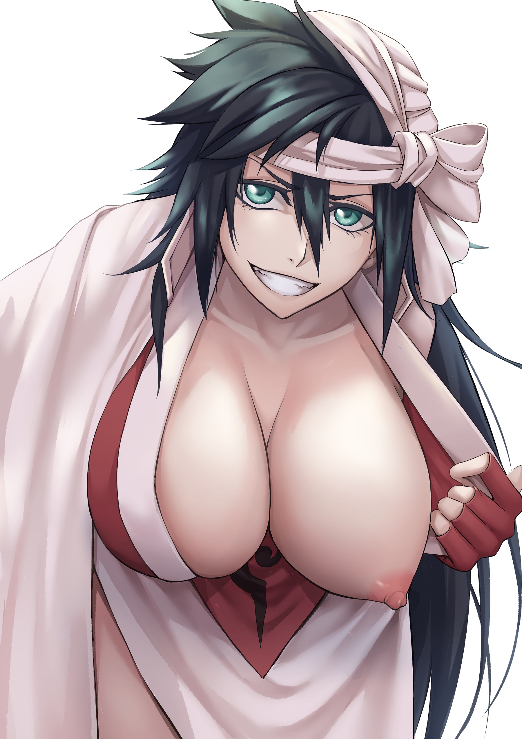 1girls, absurdres, big breasts, black hair, bleach, blue eyes, breasts, cape, female, highres, huge breasts, kukaku shiba, large breasts, looking at viewer, nipples, one breast out, presenting, presenting breasts, sakuya (liao kj), smile, voluptuous