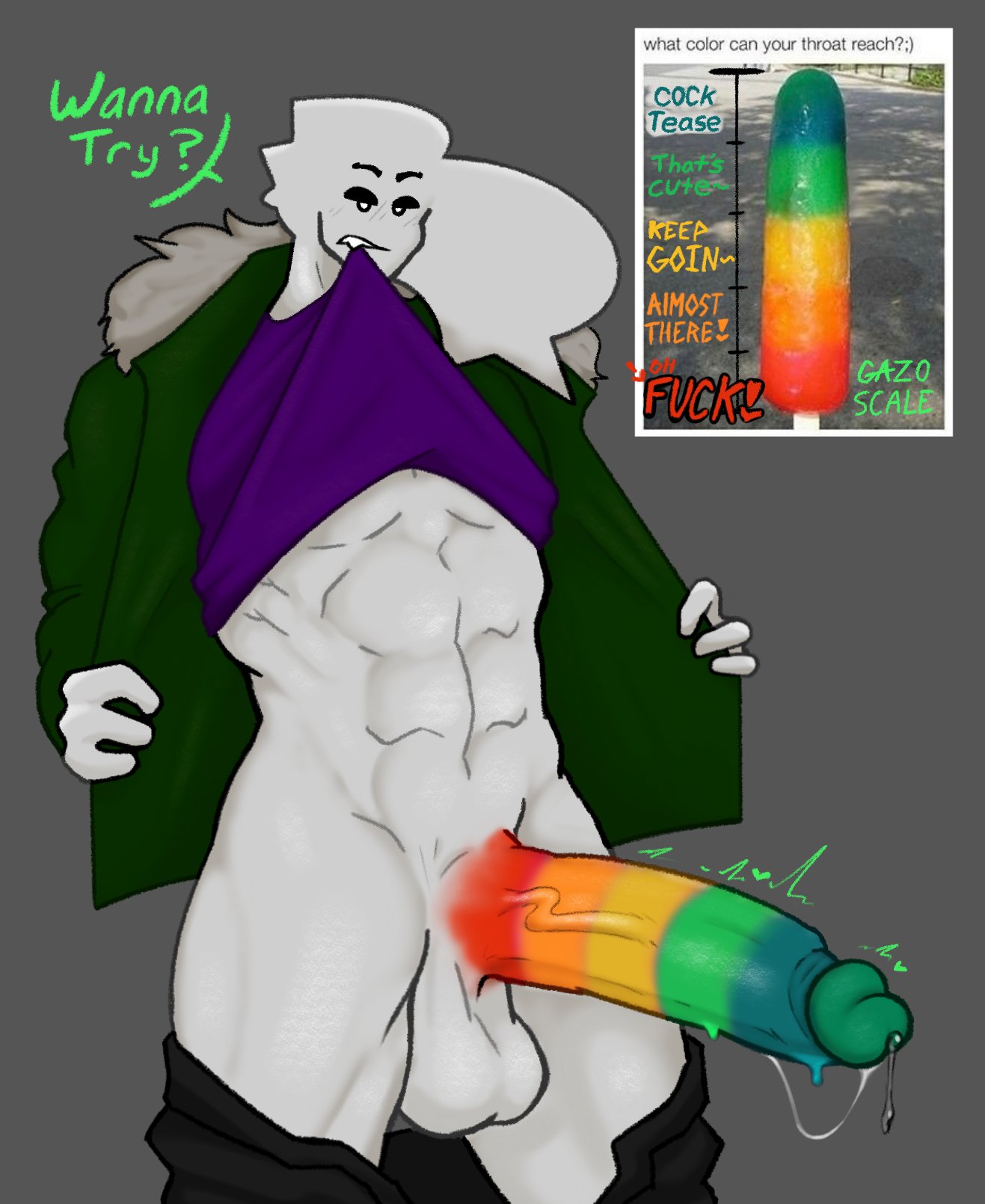 1boy balls big_penis gazo_(lewdzomi) huge_cock huge_penis imminent_oral inviting inviting_to_suck lewdzomi male male_only muscular muscular_male non-human pants_down penis penis_out popsicle precum presenting presenting_penis rainbow_dick toony twitching