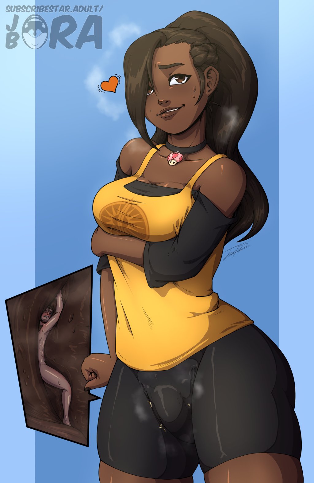 1boy 1futa balls between_cock_and_balls black_hair breasts brown_eyes bulge clothed clothed_futanari clothing color completely_nude dark-skinned_futanari dark_skin entrapment flaccid fully_clothed futa_focus futa_giantess futa_is_bigger futanari giantess hair_ribbon heart horny human jorabora light-skinned_male light_skin long_hair male micro miniboy nude nude_male original original_character penis ponytail shrunken_male solo_focus spats standing steamy_breath steamy_penis tank_top trapped trapped_between_balls trapped_between_testicles trapped_in_clothing trapped_in_underwear trapped_under_penis