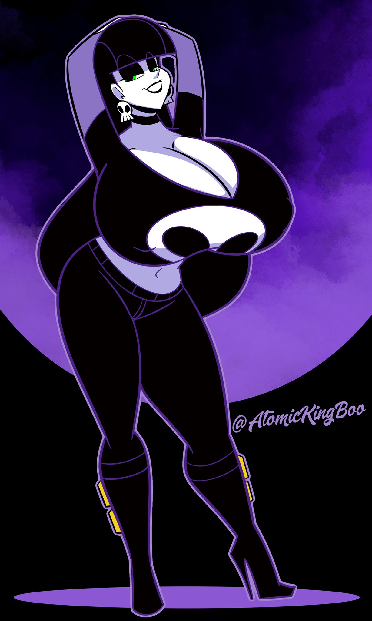 1girls, artist name, ass, atomickingboo, big breasts, black hair, black lipstick, breasts, bust, busty, curvaceous, curvy, curvy figure, dark hair, digital drawing (artwork), digital media (artwork), eyebrows, eyelashes, eyes, female, female focus, goth, goth girl, green eyes, hair, high heel boots, high heels, hips, hourglass figure, huge breasts, large breasts, legs, light skin, light-skinned female, lindel dollice quilten, lips, lipstick, long hair, oc, original, original character, pale skin, pale-skinned female, the besties (atomickingboo), thick legs, thick thighs, thighs, top heavy, upper body, voluptuous, wide hips