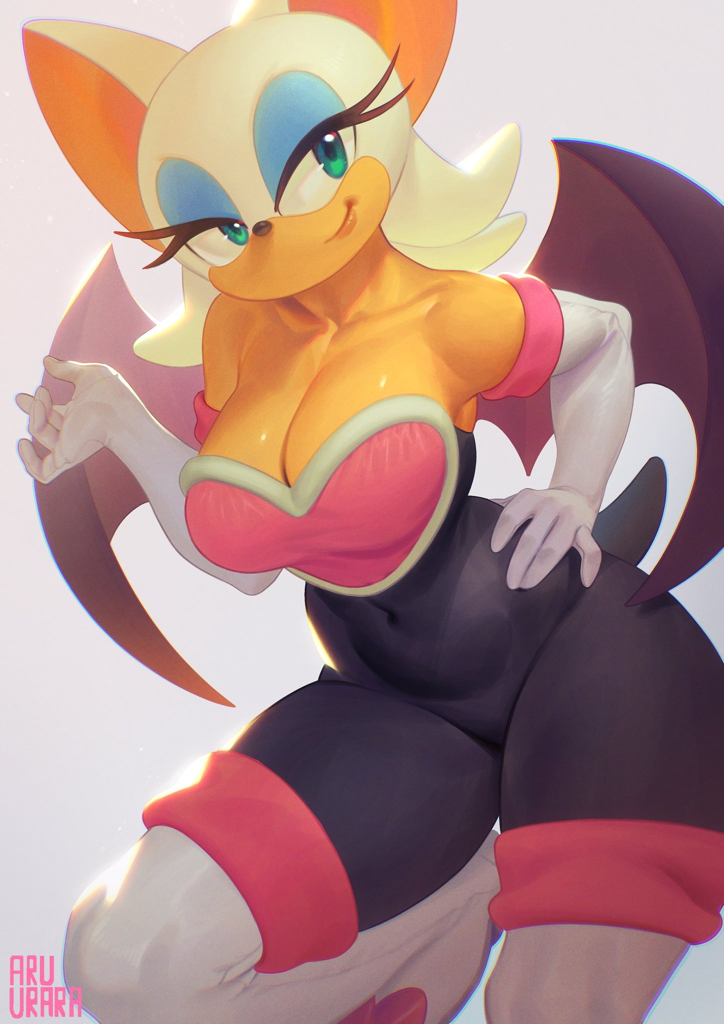 1girls anthro arm_gloves aruurara bat bat_wings bent_over bodysuit breasts clavicle cleavage covered_navel eyelashes gloves green_eyes hand_on_hip head_tilt leaning_forward looking_at_viewer makeup mascara navel neck pose posing rouge_the_bat sega sensual shiny_skin skin_tight smile smug sonic_(series) sonic_the_hedgehog_(series) tail tan_body thick_thighs thighhighs viewed_from_above white_background white_fur