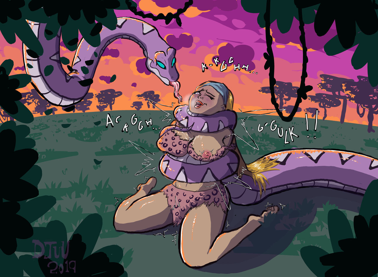 1girls, asphyxiation, big breasts, blonde hair, breasts, breath play, choking, coiling, coils, djuuicebox, female, jungle, lindsay (tdi), nipples, reptile, snake, squeezing, straight hair, strangling, total drama island