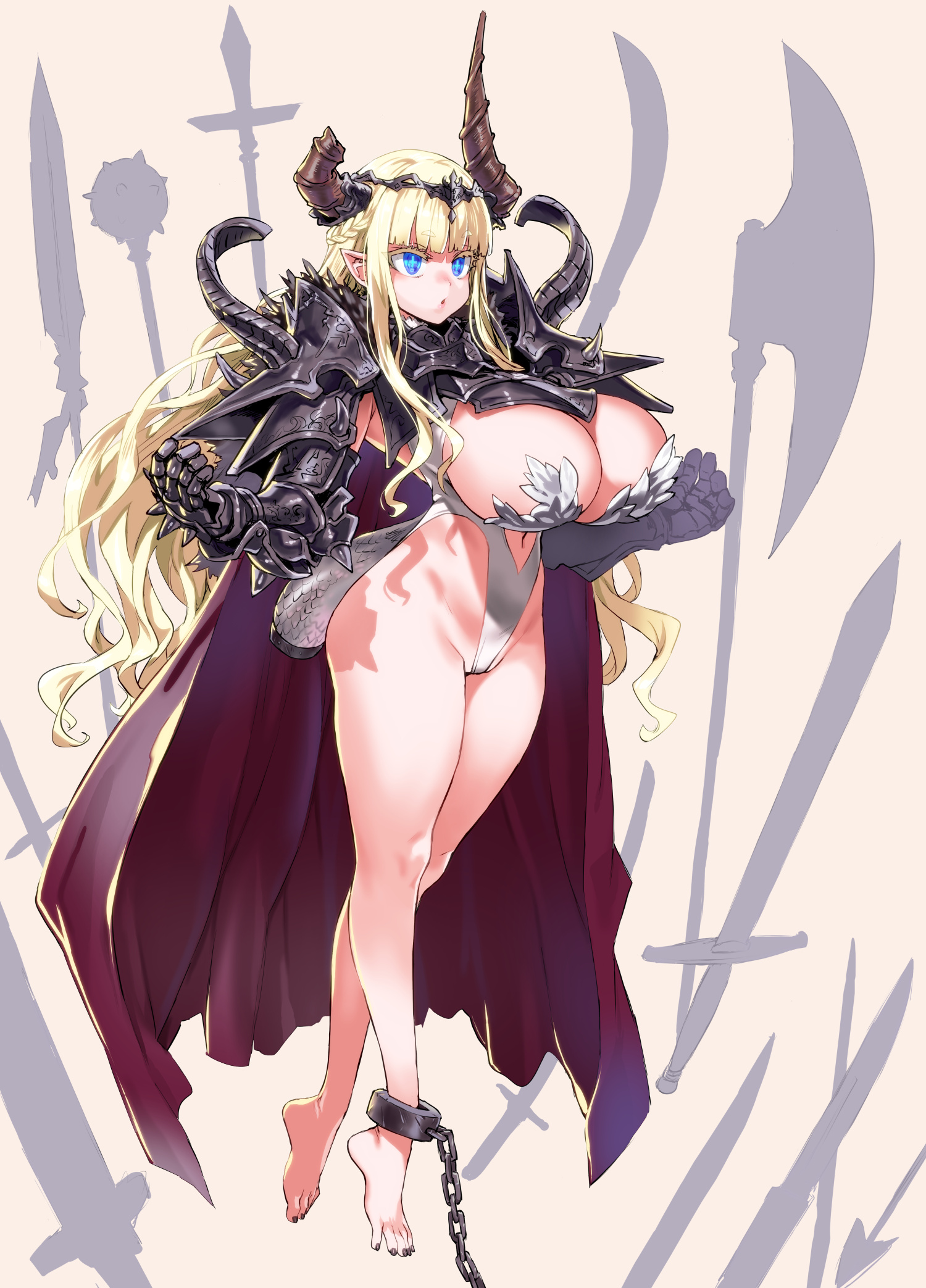 ankle cuffs, armor, asanagi, bangs, barefoot, big breasts, bikini armor, blonde hair, blue eyes, breasts, broken horn, cleavage, demon, demon girl, female, female only, floating, horns, huge breasts, leotard, light skin, light-skinned female, long hair, original, pale skin, pale-skinned female, simple background, solo, weapons