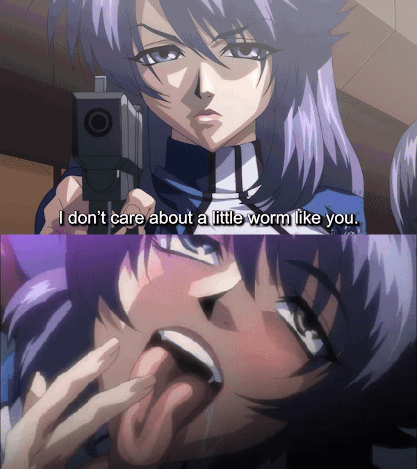 1girls, animated, anime screencap, arrogant, before and after, blue eyes, cum, cum on face, cum on tongue, dark skin, dark-skinned male, facial, female, instant loss 2koma, kangoku senkan, lieri bishop, light skin, light-skinned female, long hair, male, multiple boys, multiple males, murakami teruaki, personality change, purple hair, submissive, tongue, tongue out, uniform