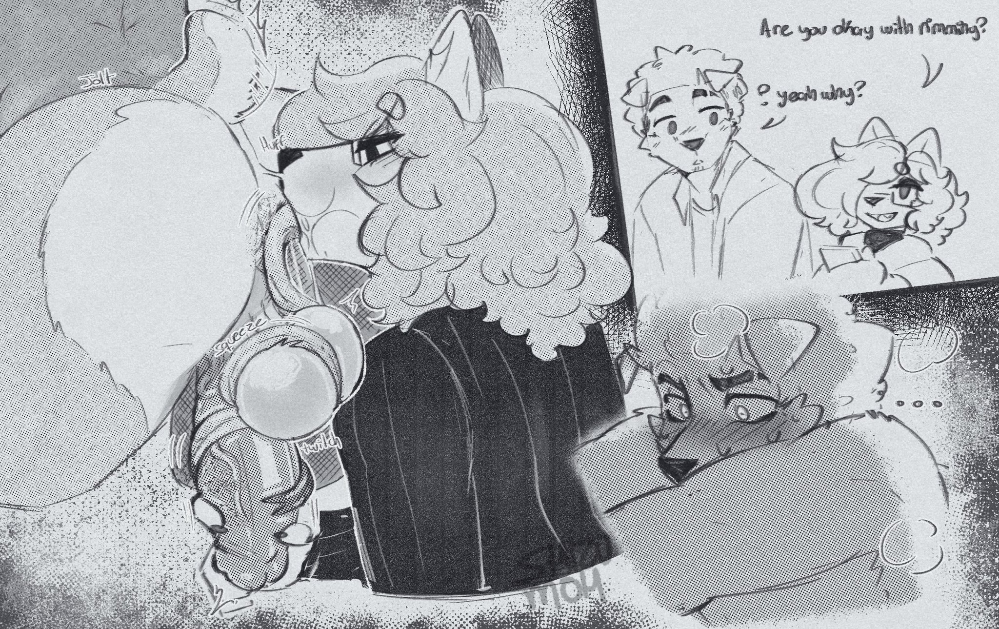 andy (shizumoh), anthro, anthro only, balls, big penis, black and white, goon (goonie san), long tongue, male, monochrome, penis, rimming, rimming male, shizumoh, tongue around balls, tongue around penis, trans), transmasc, very long tongue