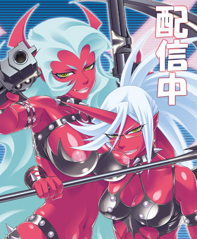 female firearm handgun humanoid kneesocks_daemon panty_&_stocking_with_garterbelt pierre_norano red_skin revolver scanty_daemon tagme weapon