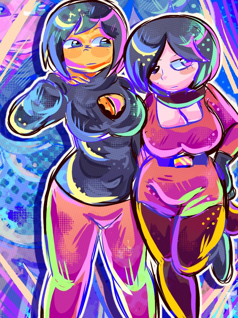 2girls artist_request ava_(gazoogaloo) black_bra black_eyes black_gloves black_hair black_sweater black_turtleneck black_turtleneck_sweater bra bra_peek breasts burgundy_pants cleavage cleavage_cutout female gloves mii mii_swordfighter millie_(zepiereite) mole mole_under_eye mole_under_mouth nintendo oc pants short_hair super_smash_bros. sweater turtleneck turtleneck_sweater