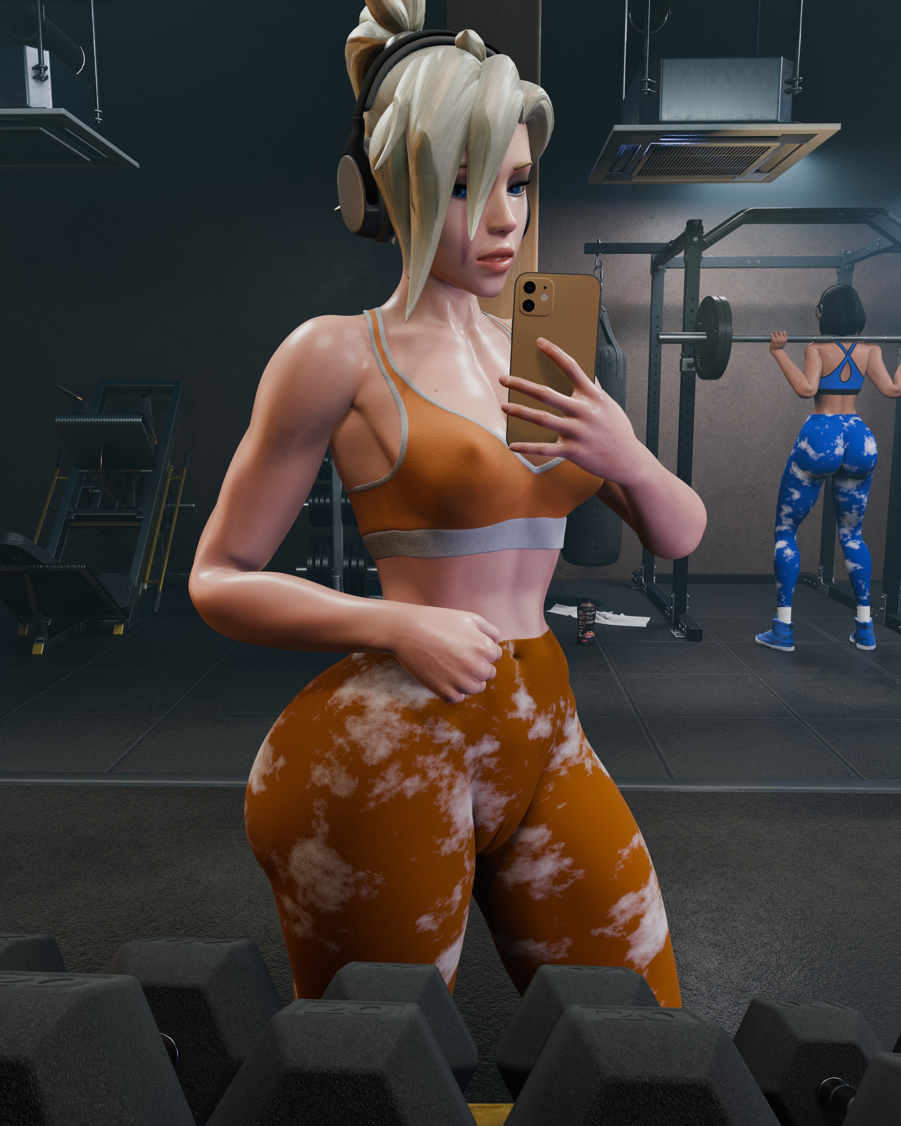 2girls, 3d, exercise, female, female only, fully clothed, gym, gym clothes, leggings, mercy, overfans, overwatch, overwatch 2, pharah, pharah (overwatch 2 suit), selfie, tagme, weightlifting, workout, yoga pants