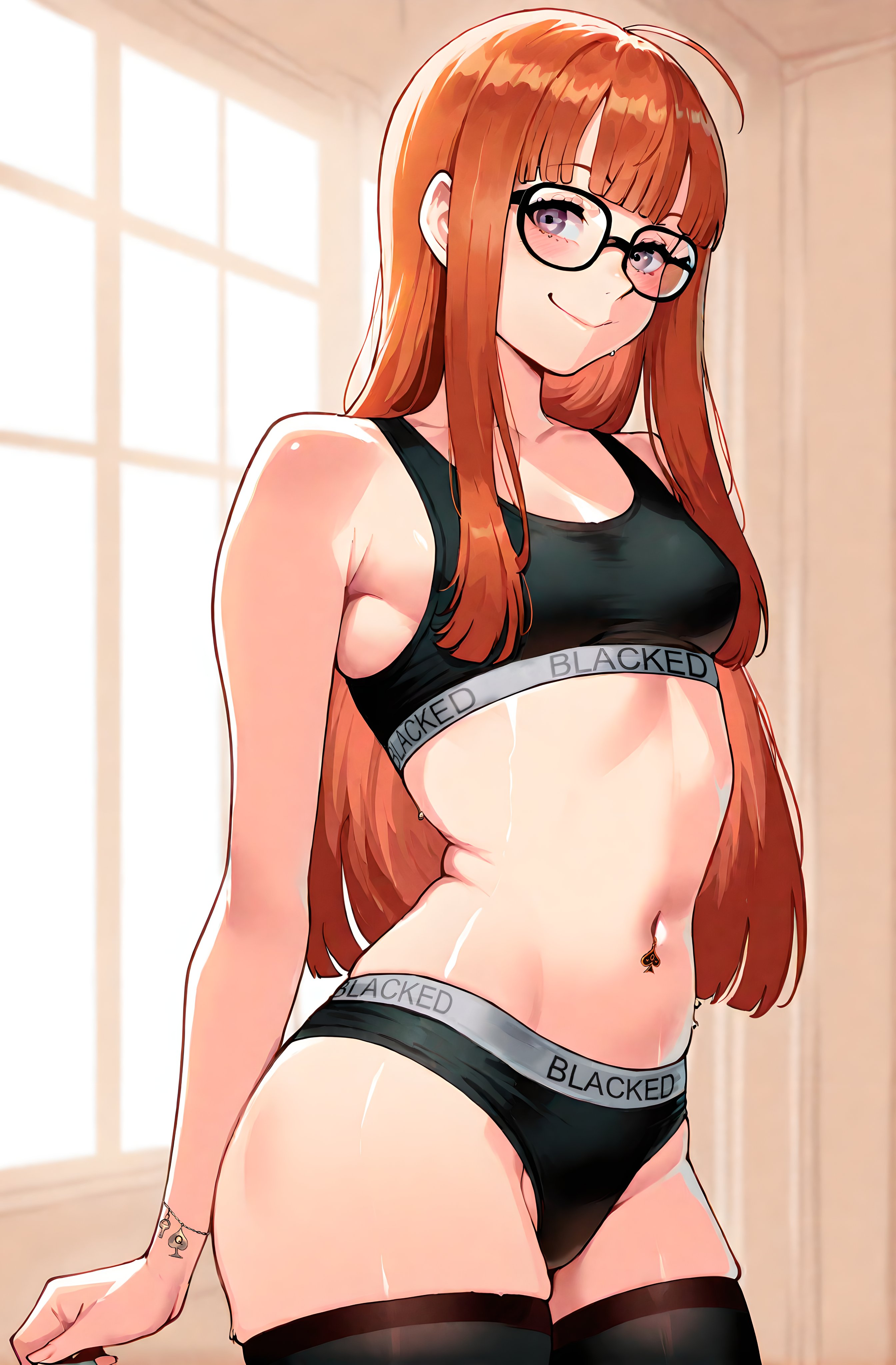 ai assisted, ai generated, atlus, blacked, blacked clothing, blackedcommiss1, female, looking at viewer, persona, persona 5, sakura futaba