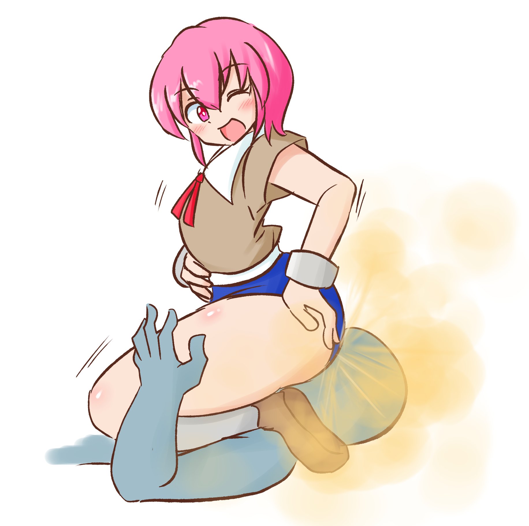 1girls, anon, blue panties, brave and stinker, brave and stinker 3, eight marbles, fart, fart cloud, fart fetish, farting in face, farting on face, female, panties, pink eyes, pink hair, rim (brave and stinker), smiling, tagme, water noodle