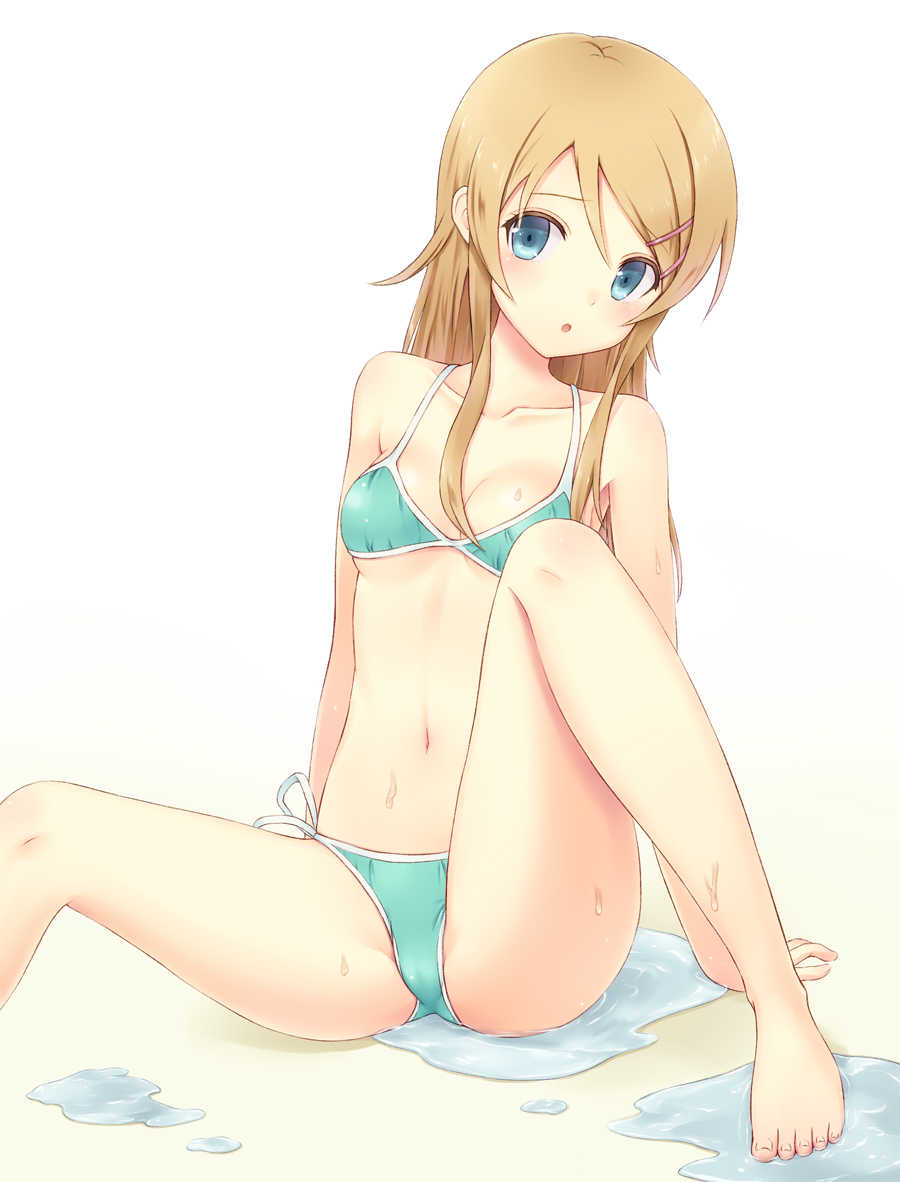 :o arm_support barefoot bikini blonde_hair blue_eyes breasts brown_hair cameltoe cleavage collarbone feet female green_bikini hair_ornament hairclip kousaka_kirino long_hair looking_at_viewer n.g. open_mouth ore_no_imouto_ga_konna_ni_kawaii_wake_ga_nai side-tie_bikini sitting solo spread_legs swimsuit wet