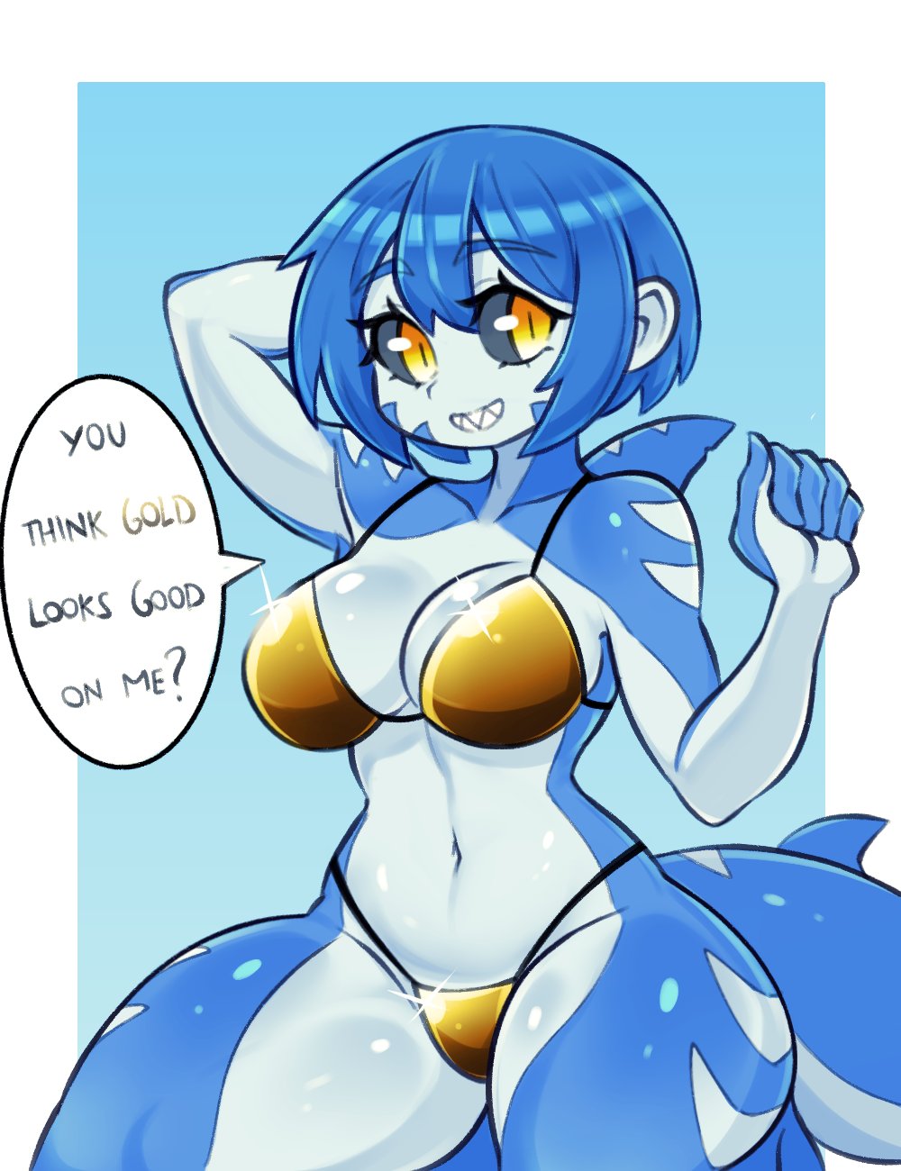 1girls 2024 anthro armpits bikini black_sclera blue_hair breasts carpinchor cleavage english_text female gold_bikini kneeling looking_at_viewer marine naomi_(carpinchor) navel one_arm_up original shark_girl sharp_teeth short_hair smile tagme text thighs yellow_eyes