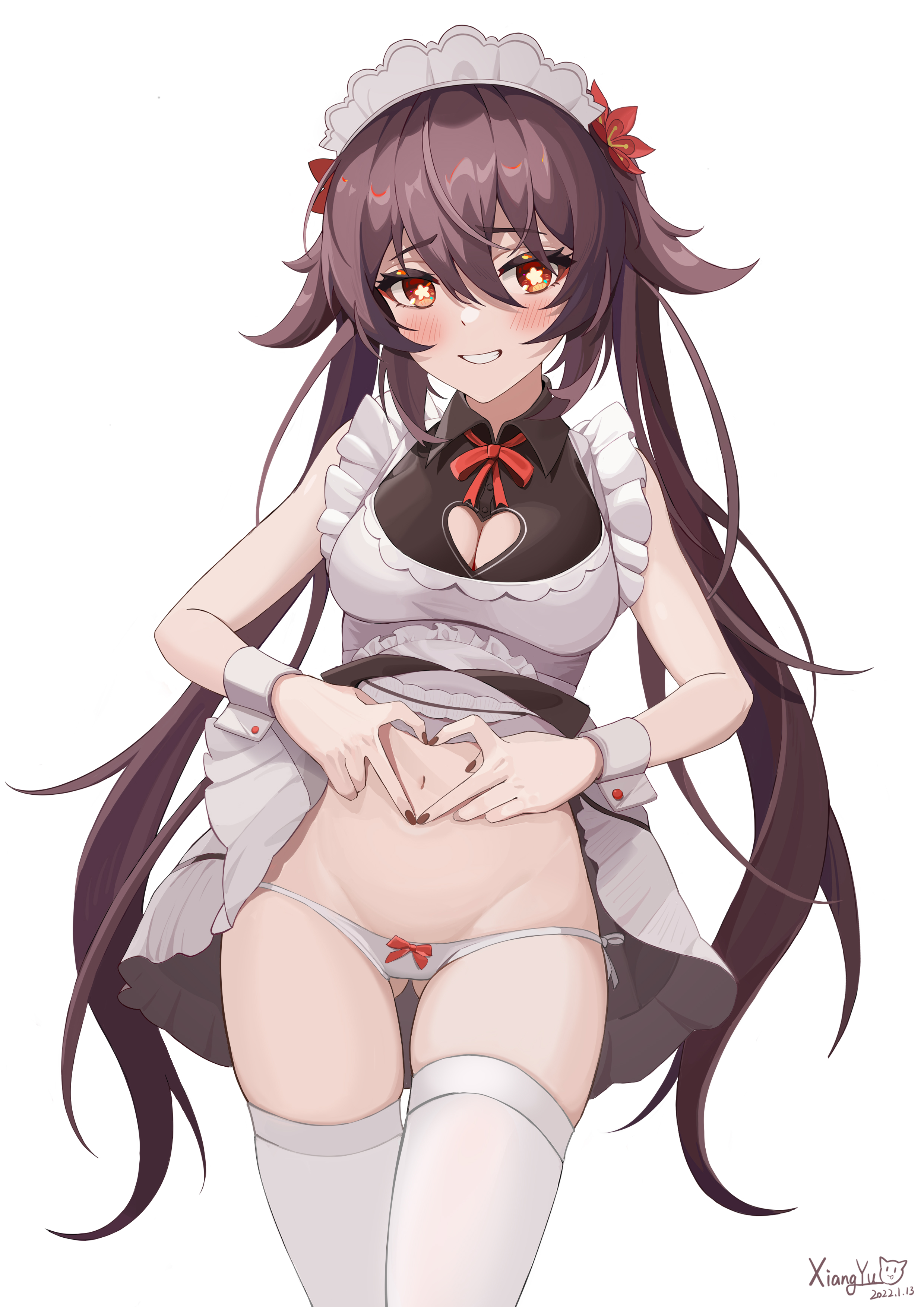 1girls, belly button, breasts, brown hair, cleavage, female, flashing, genshin impact, heart hands, hi res, hu tao (genshin impact), maid, maid uniform, navel, panties, red eyes, skirt lift, smile, solo, thighhighs, twintails, underwear, white panties