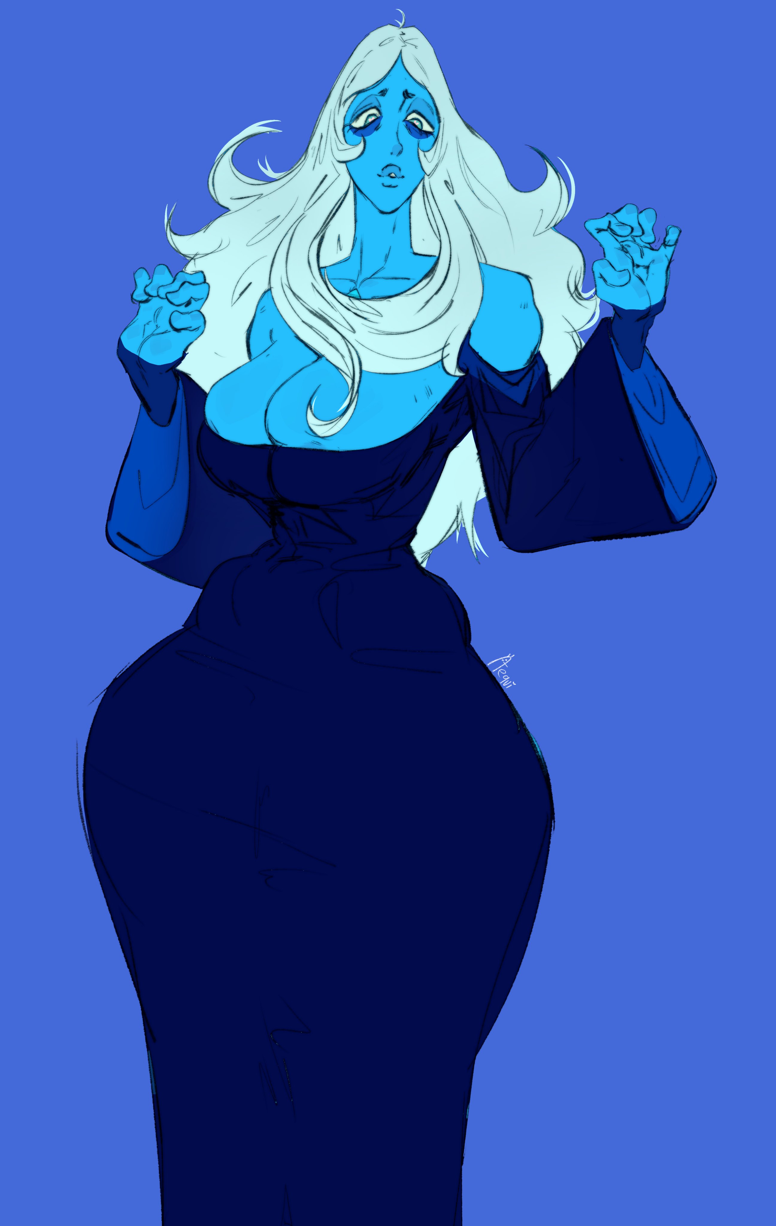 1girls, blue diamond (steven universe), blue dress, blue skin, blue skinned female, bottom heavy, breasts, cleavage, curvy, female, large breasts, long hair, simple background, solo, standing, steven universe, teguimor, white hair, wide hips