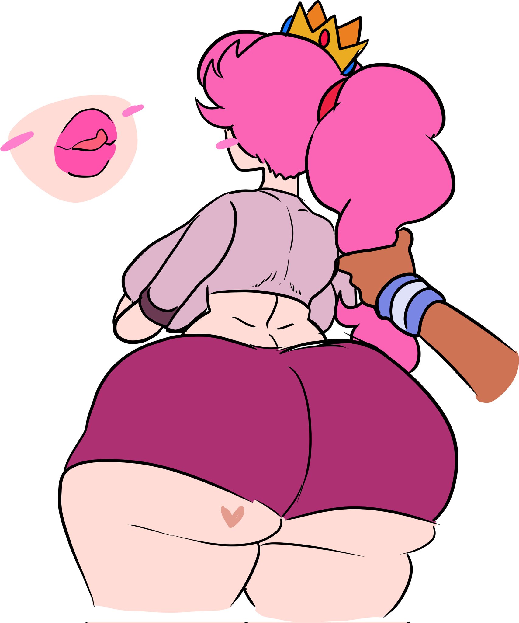 1boy, 1girls, andrew (lemonadepikachu), ass, back view, backboob, beauty mark, beauty mark on ass, big ass, big breasts, big butt, birthmark, birthmark on ass, blush, blush stickers, bottom heavy, bottom heavy female, breasts, bubble butt, crop top, crown, curvaceous, curvy, curvy female, curvy figure, dark skin, dark-skinned male, fat ass, female, female focus, heart-shaped birthmark, hi res, high resolution, highres, horny, horny female, huge ass, huge butt, large ass, large breasts, lemonadepikachu, licking lips, light skin, light-skinned female, lipstick, long hair, male, male/female, mario strikers, nintendo, oc, original, original character, original characters, pink hair, pink lipstick, princess peach (cosplay), simple background, straight, tagme, thick ass, thick thighs, thighs, veronica (lemonadepikachu), viewed from behind, voluptuous, voluptuous female, white background