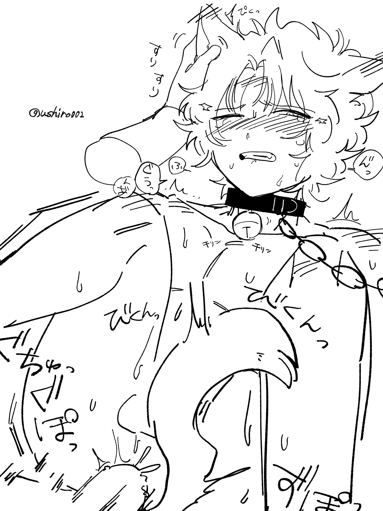 2boys, anal, anal sex, bell collar, blush, cat boy, cat ears, cat tail, catboy, chain leash, chained, chains, clenched teeth, collar, disembodied hand, doodle, femboy, gay, gintama, japanese text, kemonomimi, looking at viewer, male, male only, monochrome, mukai00 2, nude, rape, sakamoto tatsuma, sketch, solo focus, tears, yaoi