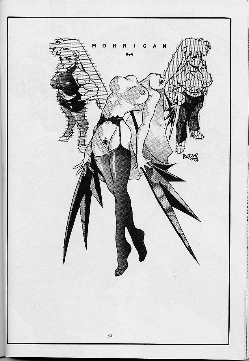 1990s 1995 20th_century alternate_costume big_breasts black_and_white breasts capcom clothing darkstalkers dated isutoshi morrigan_aensland muscles nipples pubic_hair pussy signature skirt small_breasts stockings