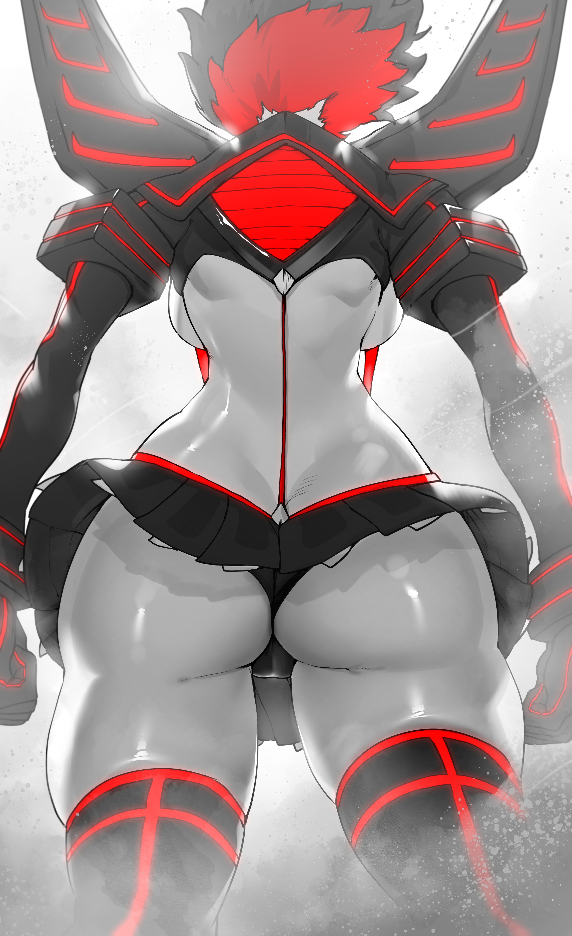 absurdres, aged up, ass, ass focus, back, back focus, backboob, black hair, breasts, cameltoe, female, from behind, gloves, highres, kamui (kill la kill), kill la kill, life fiber, living clothes, matoi ryuuko, medium breasts, multicolored hair, niwarhythm, pussy, red hair, revealing clothes, senketsu, short hair, sideboob, simple background, skindentation, skirt, solo, suspenders, thick thighs, thighhighs, thighs, two-tone hair, underboob