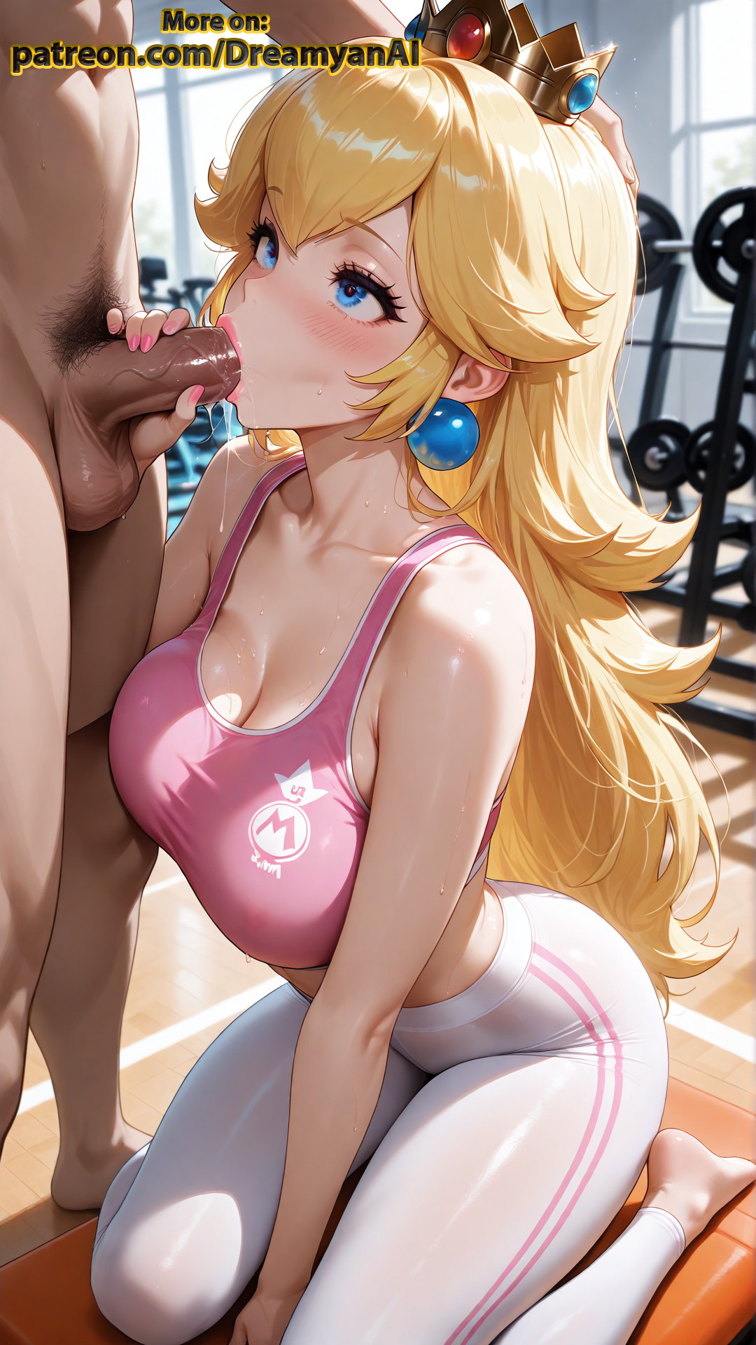 1boy, 1girls, 2025, ai assisted, ai generated, anime, anime style, artist name, ass, barefoot, blonde hair, blowjob, blue eyes, breasts, dreamyan ai, fellatio, female, gym, gym clothes, gym uniform, hi res, high quality, high resolution, highres, leggings, legs, lips, lipstick, male, mario (series), nail polish, patreon, penis, pink nails, princess peach, sports bra, sportswear, sucking, sucking penis, thick ass, thick thighs, thighs, tight clothing, tight fit, uncensored, white body, white skin
