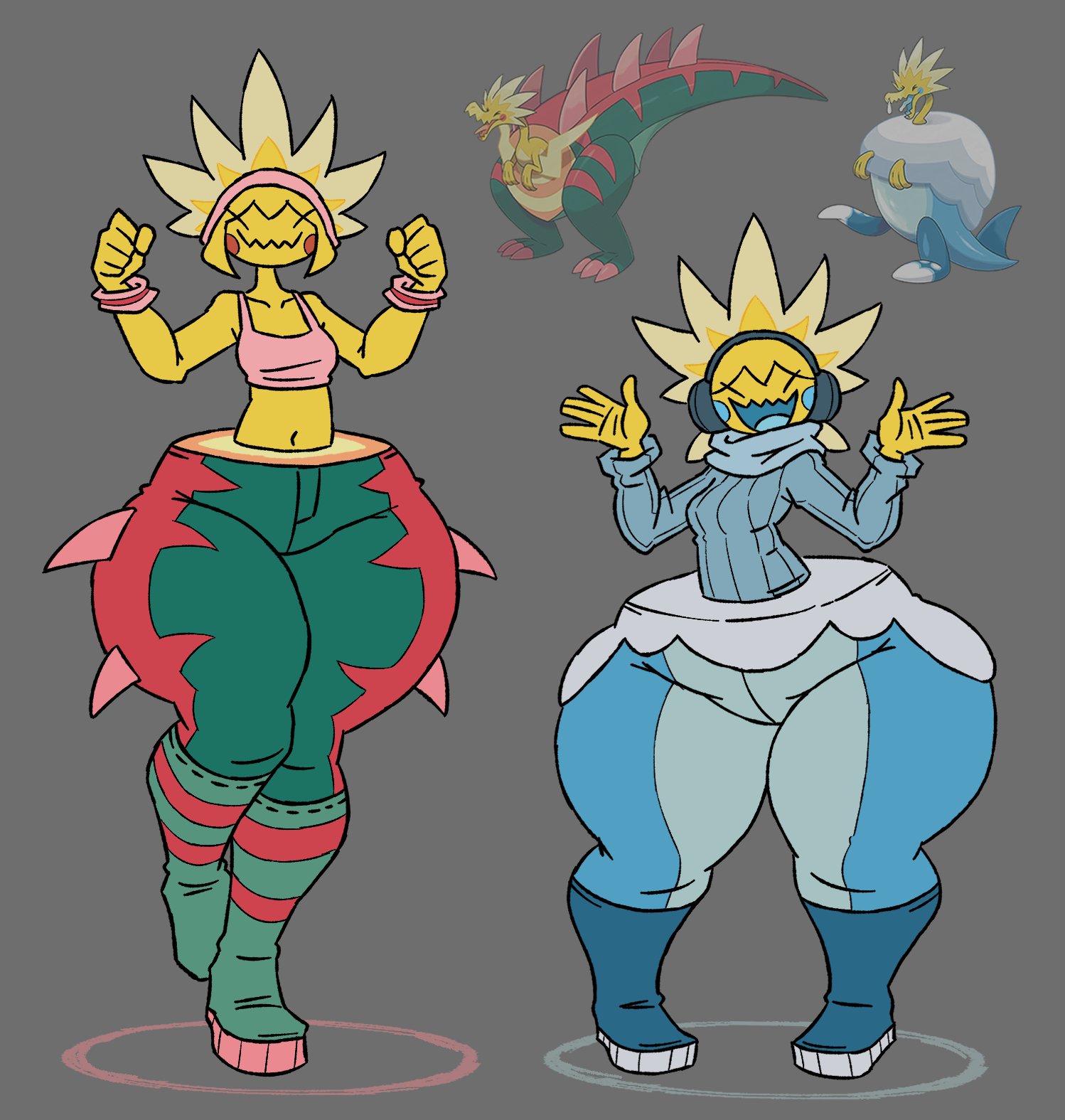 2girls, arctozolt, ass, big thighs, bottom heavy, dracozolt, female, gajinka, huge ass, huge thighs, humanized pokemon, moe, pokemon, pokemon (species), pokemon ss, tank top, thick thighs, thighs, verdantmosu