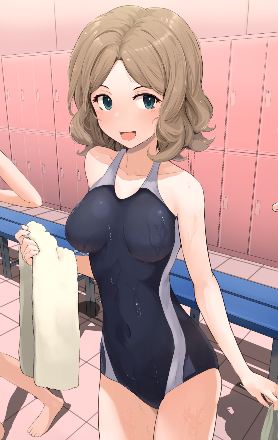 :d, 2020s, 2024, 2girls, bench, black one-piece swimsuit, blue eyes, breasts, brown hair, collarbone, competition school swimsuit, competition swimsuit, female, hi res, holding, holding towel, indoors, k3rd, light skin, light-skinned female, locker, locker room, looking at viewer, medium breasts, medium hair, multiple females, multiple girls, one-piece swimsuit, open mouth, parted bangs, revision, smile, solo focus, standing, swimsuit, teenage female, teenager, to aru kagaku no railgun, to aru majutsu no index, tokiwadai school swimsuit, towel, two-tone swimsuit, wannai kinuho, wavy hair, wet, wet body, wet clothes, wet swimsuit, white one-piece swimsuit, young