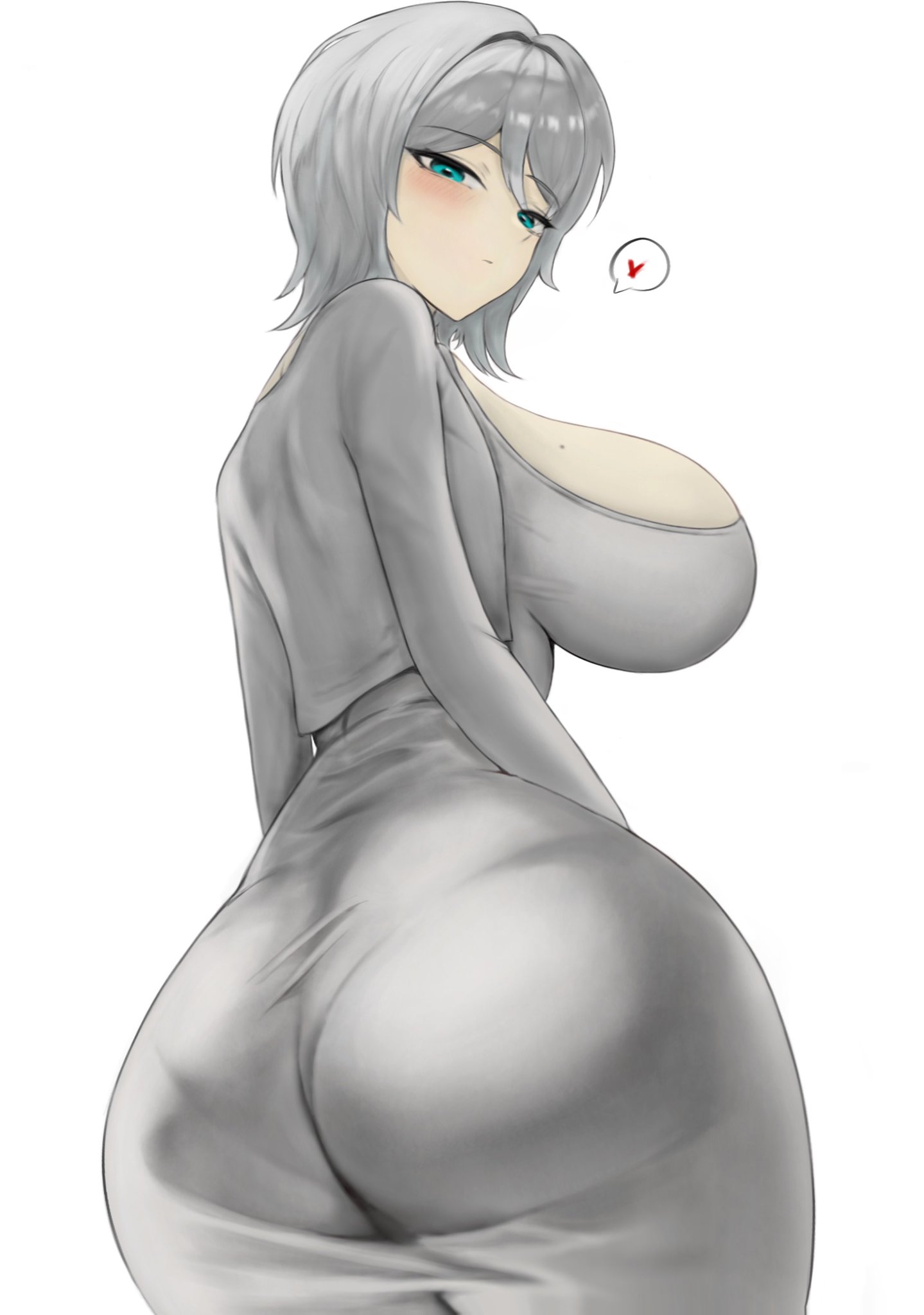 1girls, ass, ass focus, big ass, blue eyes, blush, breasts, busty, dongtan dress, dress, eyebrows visible through hair, faust (limbus company), female, female only, huge breasts, light skin, light-skinned female, limbus company, looking at viewer, looking back, mole on breast, panties visible through clothing, pmlbtmlorlc, project moon, short hair, simple background, skindentation, solo, thick thighs, voluptuous, white background, white hair, wide hips