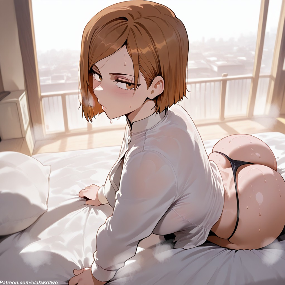 1female 1girls ai_assisted ai_generated akwxitwo ass bed bedroom big_ass big_breasts big_butt big_thighs black_panties breasts city clothed clothing curvy curvy_female curvy_figure female female_focus human jujutsu_kaisen kugisaki_nobara large_ass large_breasts light-skinned_female light_skin long_hair looking_at_viewer mature_female on_top pillow sex straight sweat sweatdrop sweating sweaty thighs thong voluptuous voluptuous_female white_shirt