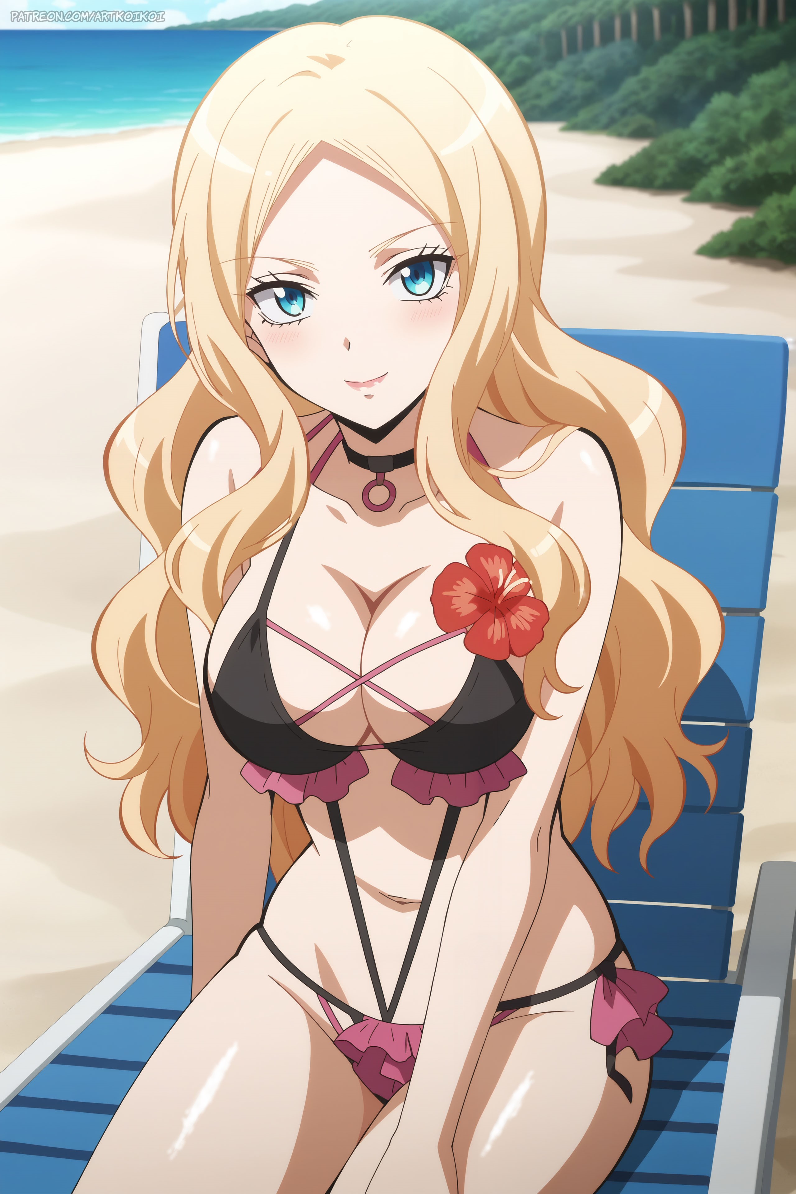 1girls, ai generated, assassination classroom, beach, big breasts, blonde hair, blue eyes, breasts, choker, female, irina jelavic, long hair, swimsuit, tagme