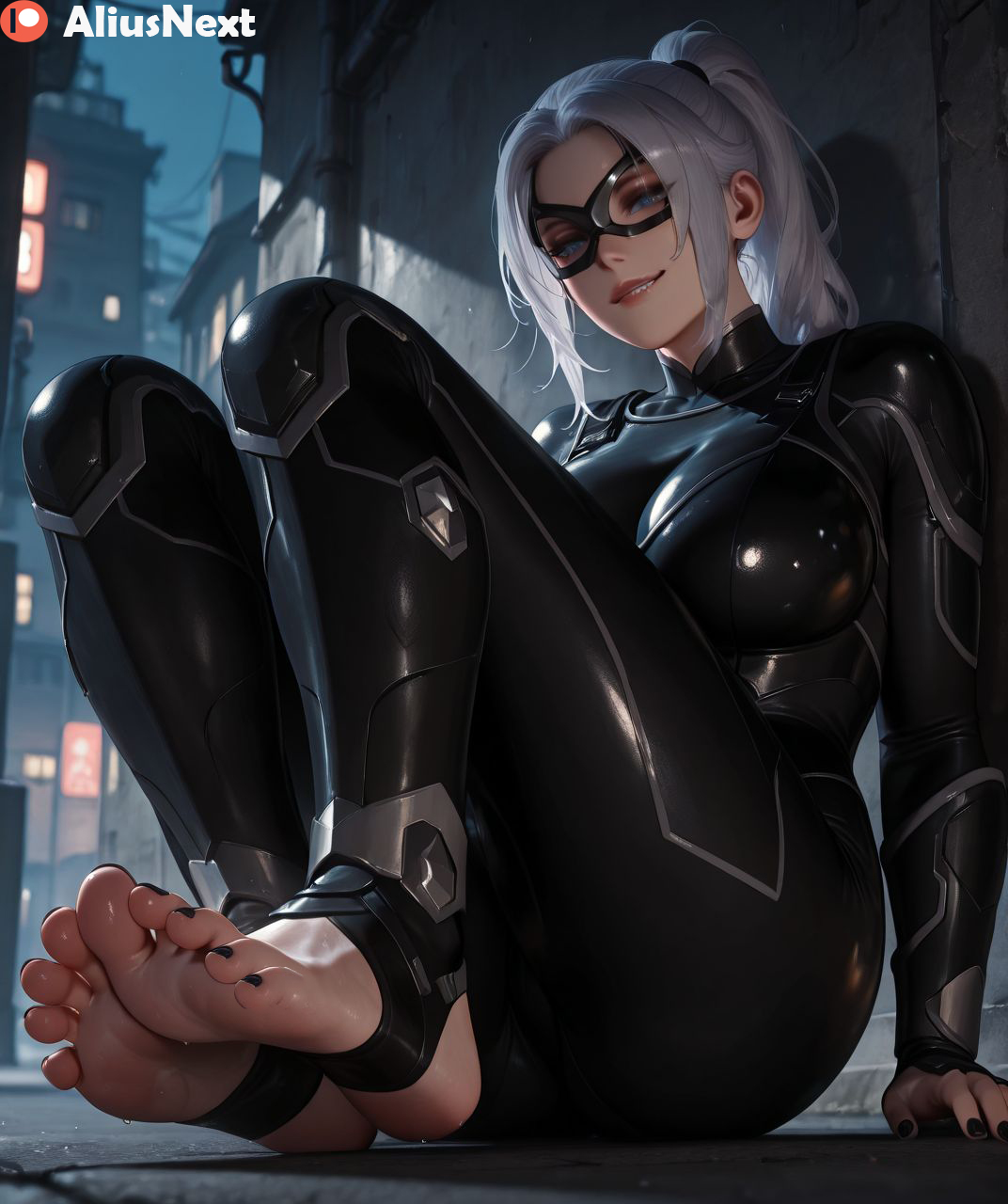 1girls, ai generated, aliusnext, ass, big ass, big breasts, black cat (insomniac), black cat (marvel), black lipstick, black nails, blue eyes, bodysuit, breasts, feet, feet focus, feet together, felicia hardy, female, female only, foot fetish, hi res, high quality, high resolution, highres, huge ass, huge breasts, light skin, light-skinned female, lingerie, lipstick, marvel, marvel comics, massive ass, massive breasts, mature, mature female, nail polish, patreon, soles, stirrup legwear, sweat, sweatdrop, sweating, sweaty, sweaty body, sweaty breasts, thick, thick ass, thick hips, thick legs, thick lips, thick thighs, toes, white hair