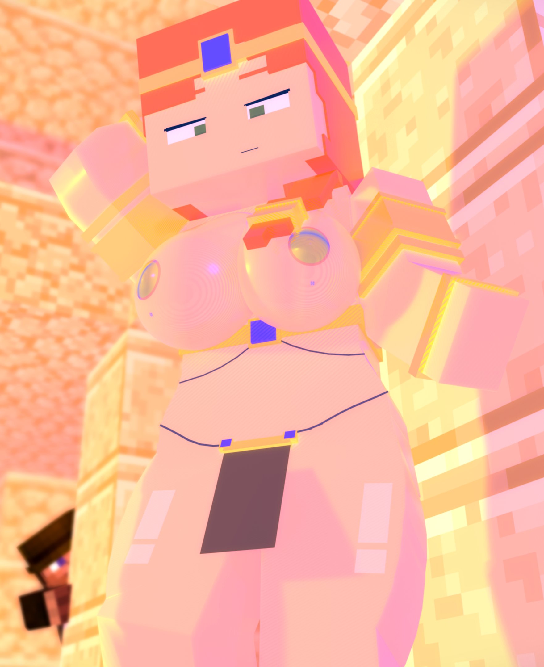 1boy, 1girls, 3d, alex (minecraft), big breasts, breasts, curvy, egyptian, female, gold jewelry, green eyes, harem outfit, male, mine-imator, minecraft, orange hair, pasties, pose, steve (minecraft), thick thighs, veridut