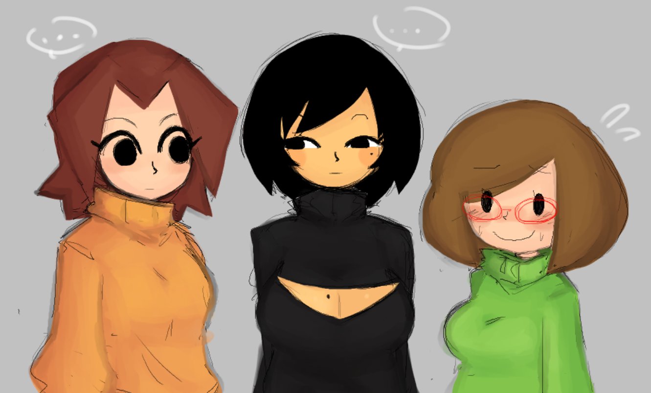 ..., 3girls, ava (gazoogaloo), black eyes, black hair, black sweater, black turtleneck, black turtleneck sweater, breasts, brown hair, cleavage, cleavage cutout, female, gazoogaloo, glasses, green sweater, green turtleneck, green turtleneck sweater, grey background, long sleeves, mii, mii gunner, mii gunner (smash 4), mob face, mole, mole on breast, mole under eye, nikki (swapnote), nintendo, oc, orange sweater, orange turtleneck, orange turtleneck sweater, red glasses, short hair, simple background, super smash bros., sweater, turtleneck, turtleneck sweater