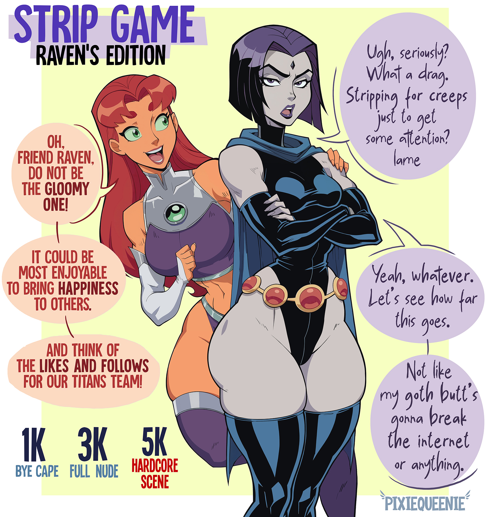 2girls, alien, alien girl, alien humanoid, alternate version available, ass, big ass, big breasts, breasts, bust, busty, cambion, chest, curvaceous, curvy, curvy figure, dc, dc comics, demon, demon girl, english text, female, female only, green eyes, half demon, half-demon, hips, hourglass figure, humanoid, koriand'r, legs, leotard, multiple females, multiple girls, pixiqueenie, purple eyes, purple hair, purple lipstick, rachel roth, raven (dc), slim waist, sorceress, starfire, starfire (teen titans), tamaranean, teen titans, text, thick, thick hips, thick legs, thick thighs, thighs, voluptuous, waist, wide hips