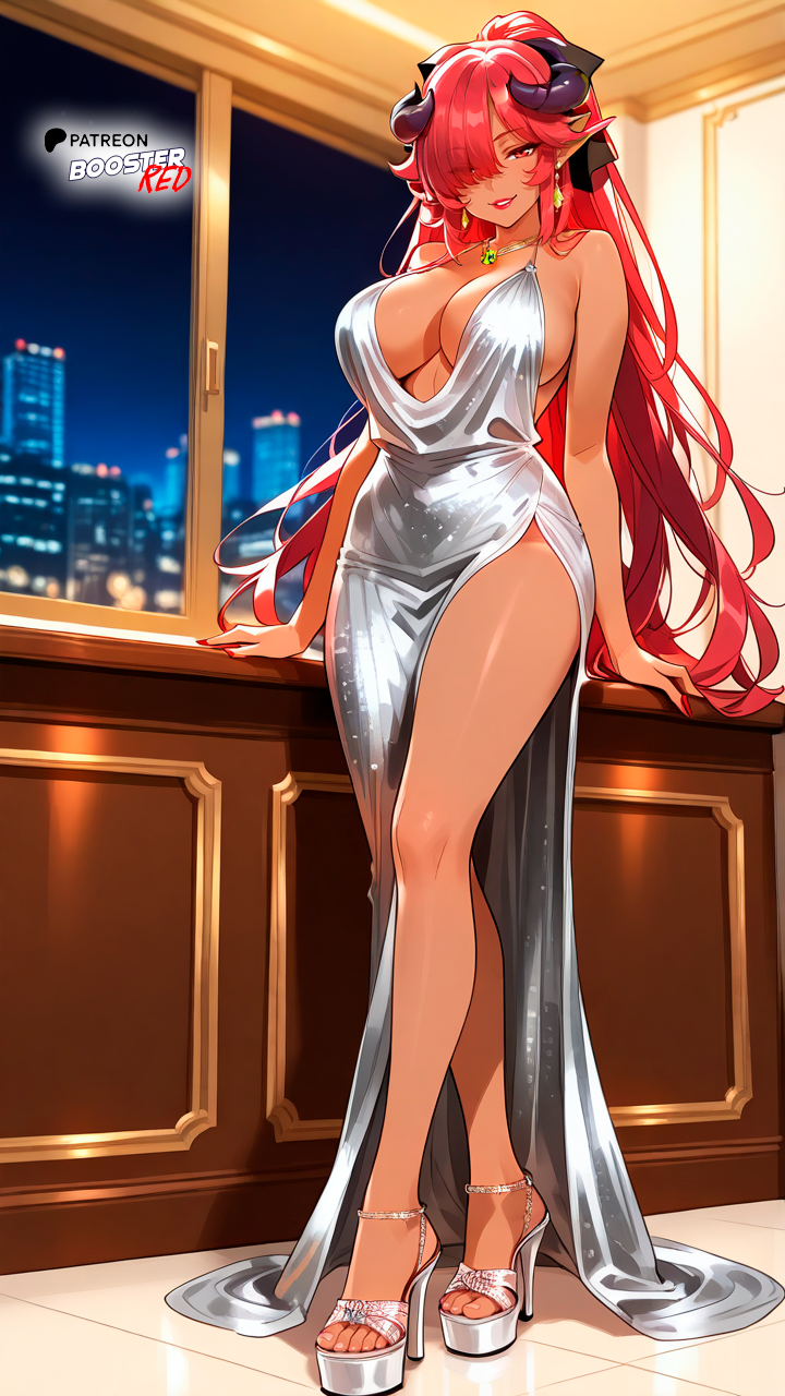 ai generated, bare shoulders, bedroom, black ribbon, boosterred99, breasts, cityscape, dark skin, demon, demon girl, demon horns, dress, earrings, female, full body, hair over one eye, hair ribbon, helter dress, high heels, horn, illustrious (stable diffusion), indoors, large breasts, legs, love x holic ~miwaku no otome to hakudaku kankei~, monster girl, naughty face, necklace, night, pink pineapple, platform heels, plunging neckline, pointy ears, pony diffusion xl, red eyes, red hair, seductive look, seductive smile, seira a. senga, silver dress, silver high heels, standing, thick thighs, thighs