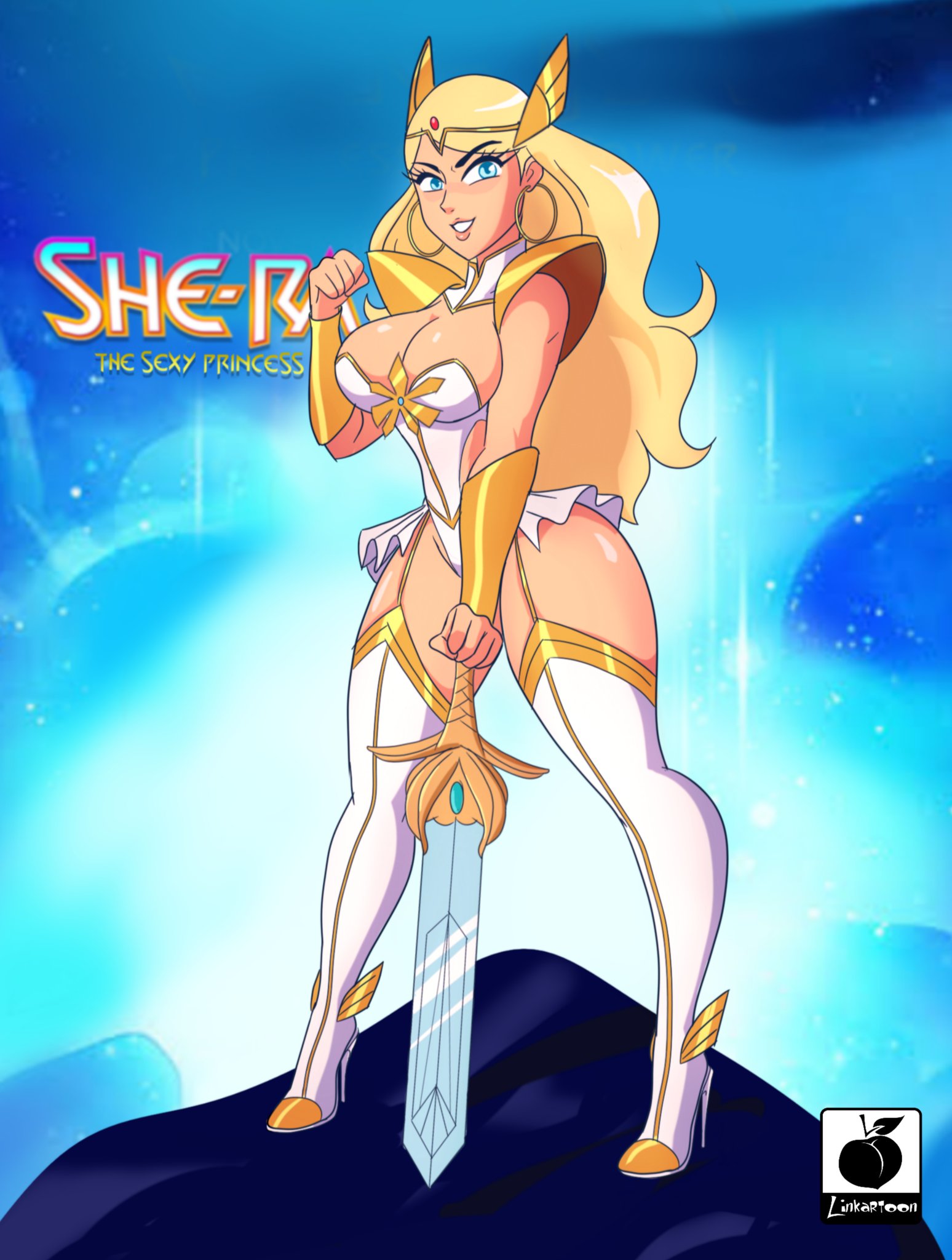 1girls, adora, armor, bikini armor, blonde female, blonde hair, blue eyes, bracer, breasts, busty, character name, cleavage, dress, earrings, female, female focus, female only, garter straps, high heel boots, high heels, hoop earrings, hourglass figure, large breasts, linkartoon, long hair, masters of the universe, pauldrons, platinum blonde hair, she-ra, she-ra and the princesses of power, signature, skimpy clothes, skirt, smile, solo, solo female, stiletto heels, sword, text, thick thighs, thigh boots, thighhigh boots, thighhighs, thin waist, tiara, two-tone high heels, very high heels, voluptuous, weapon, white dress, white high heels, white skirt, wide hips