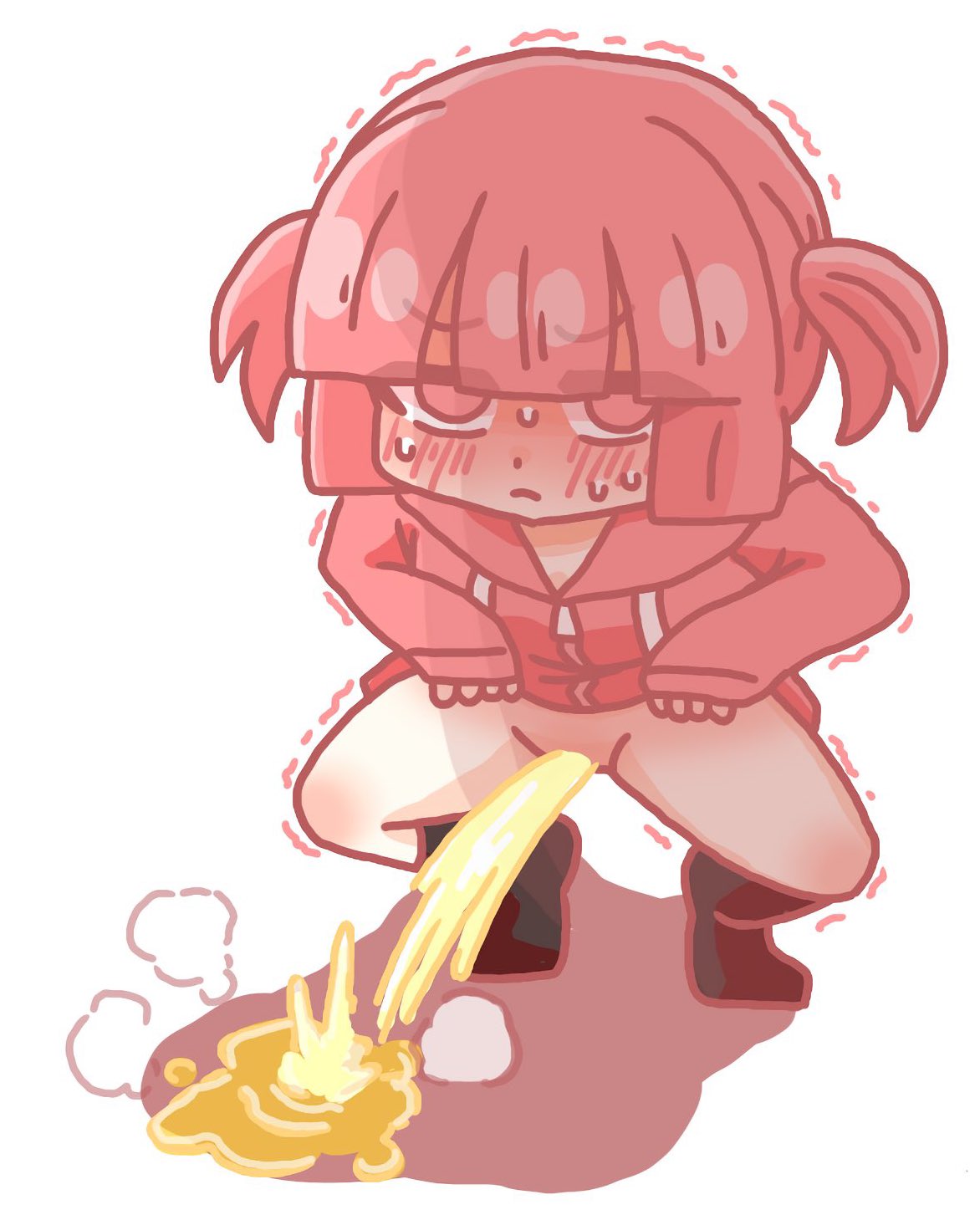 1girls, 2025, blush, bottomless, commando, female, femalebllush only, going commando, oc, omorashi, original, original character, peeing, peeing on floor, pink hair, pink jumper, pissing on floor, simple background, tory omegadrgon, tory omegadrgon (artist), trembling, urinating, urinating female, urination, urine, urine on ground, urine pool, urine stream, watersports, white background