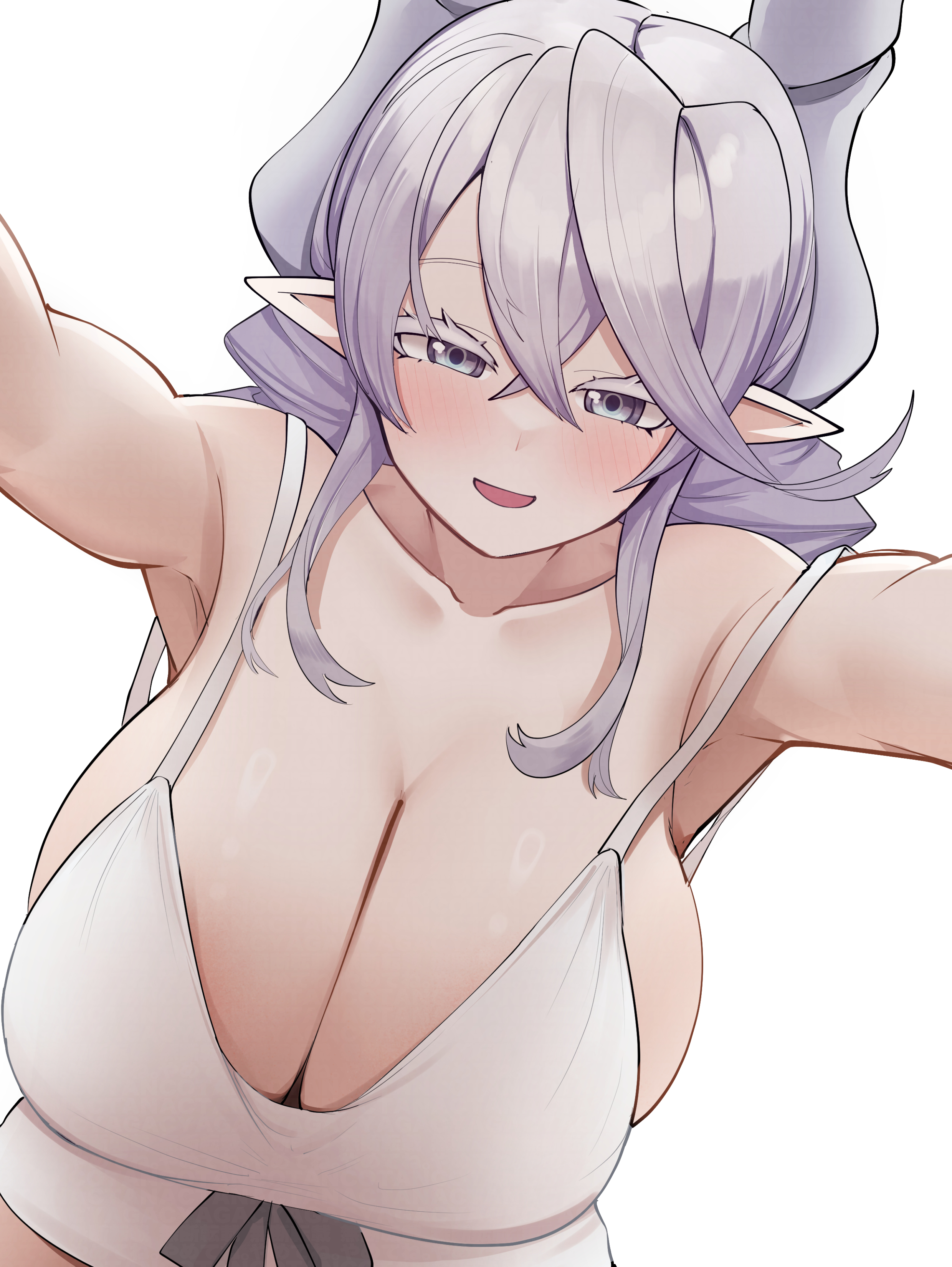 actancyaga, babydoll, blush, breasts, demon, demon girl, demon horns, duel monster, female, female only, huge breasts, konami, labrynth of the silver castle, large breasts, looking at viewer, lovely labrynth of the silver castle, silver eyes, smile, white background, white hair, yu-gi-oh!
