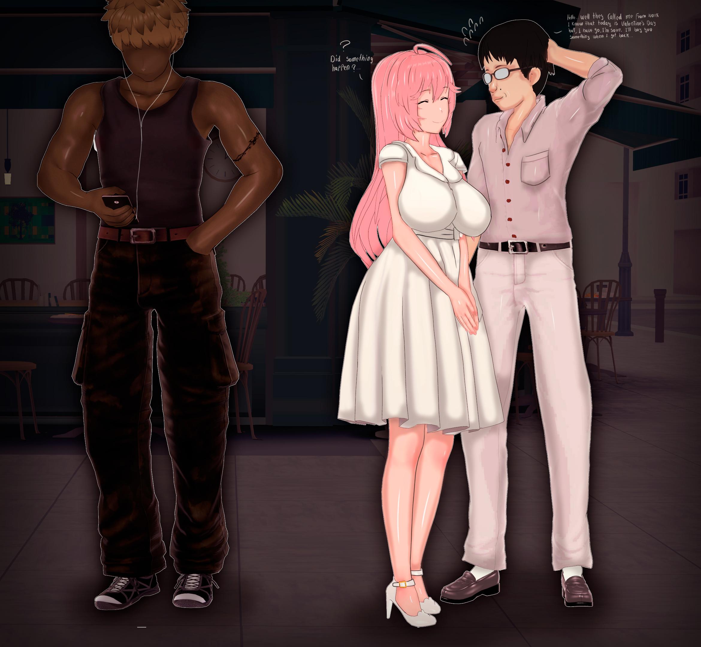?, 1girls, 2boys, 3d, absurd res, absurdres, background character, black hair, blonde hair, boyfriend-girlfriend, breasts, dark skin, dark-skinned male, dialogue, dress, earphones, english text, female, full body, glasses, height difference, hi res, high heels, high resolution, highres, holding object, holding phone, kaori sakuragi (vyrus smith), looking at another, looking at phone, looking down, male, mole, mole above mouth, multiple boys, multiple males, original, pink hair, size difference, smile, text, v arms, vyrus smith, white dress, white high heels