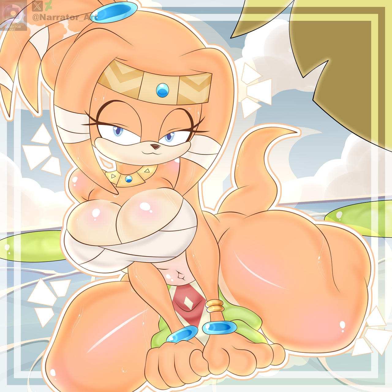 big breasts, blue eyes, breasts, cleavage, echidna, female, half-closed eyes, mobian (species), narrator art, orange hair, sonic (series), sonic the hedgehog (series), tagme, thick thighs, tikal the echidna