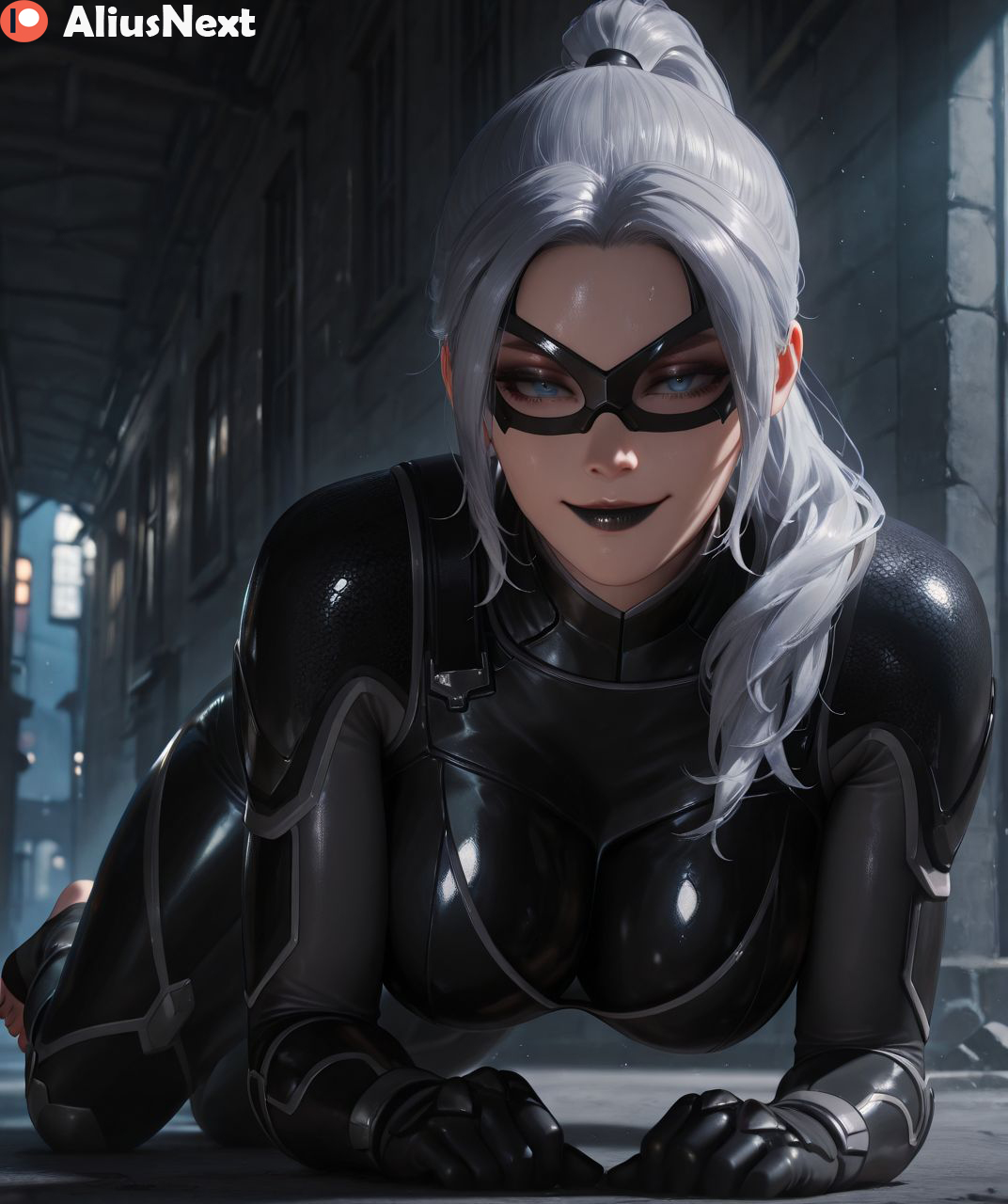 1girls, ai generated, aliusnext, ass, big ass, big breasts, black cat (insomniac), black cat (marvel), black lipstick, blue eyes, bodysuit, breasts, feet, felicia hardy, female, female only, hi res, high quality, high resolution, highres, huge ass, huge breasts, light skin, light-skinned female, lingerie, lipstick, marvel, marvel comics, massive ass, massive breasts, mature, mature female, patreon, stirrup legwear, sweat, sweatdrop, sweating, sweaty, sweaty body, sweaty breasts, thick, thick ass, thick hips, thick legs, thick lips, thick thighs, white hair
